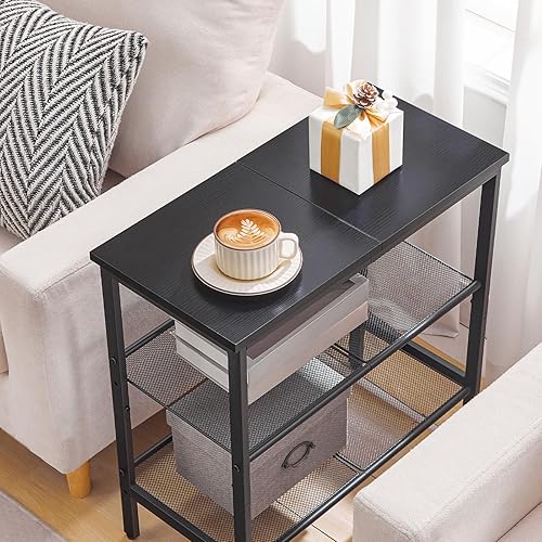 Miniatura 5 de HOOBRO Mesa auxiliar negra, mesa auxiliar de metal de 3 niveles, mesa negra pequeña con 2 estantes planos o inclinados ajustables para espacios
