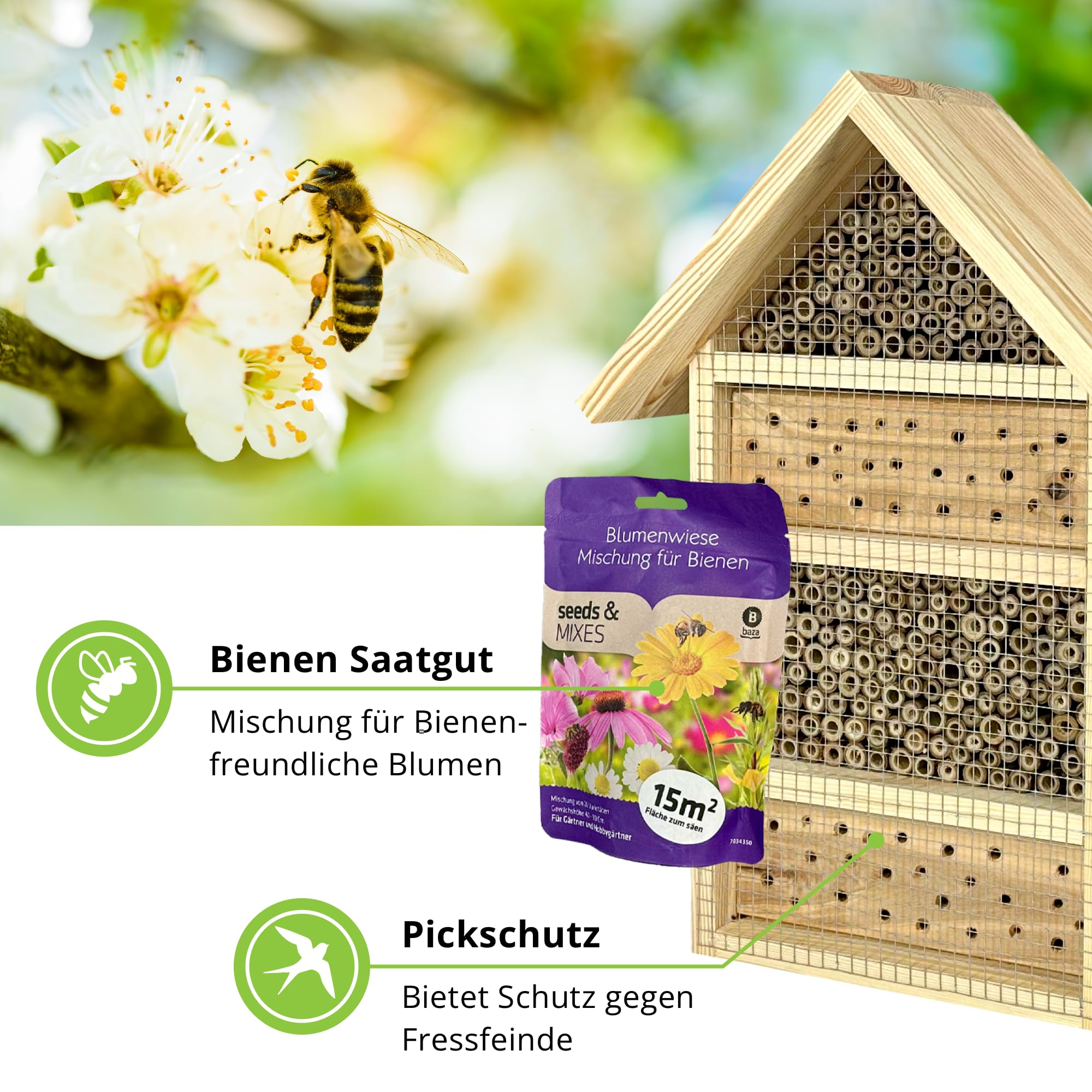 GARTENETAGE DIY Bienenhotel Geschenkset – Natürliches Bienenparadies aus Bambus & Vollholz, Inklusive Blumenwiese Mischung, Einfache Montage, Naturliebhaber
