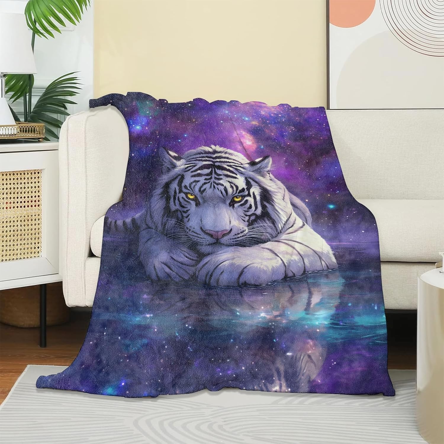Galaxy Tiger Blanket, Soft Warm Cozy Majestic White Tigers Throw Blanket Gifts for Adults Kids Women, Lightweight Fuzzy Comfy Flannel Blankets for Couch, Travel, Bed, House Decor 80×60 Inch