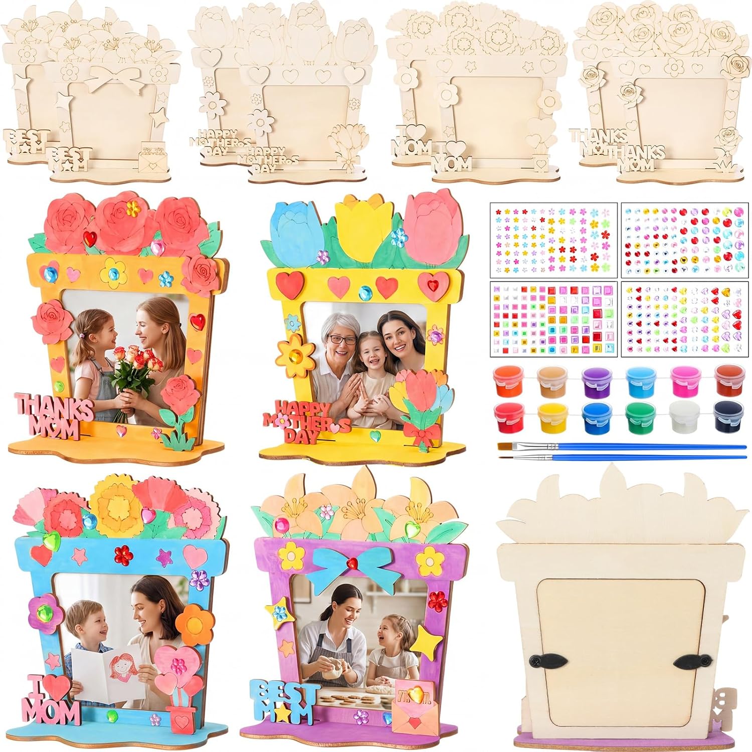Blueweenly 12 Set Mother's Day Crafts Kit DIY Picture Frames with Small Wooden Signs Paints Diamond Stickers Color Your Own Wood Frame Gifts for Mother's Day Craft Activities Art Project