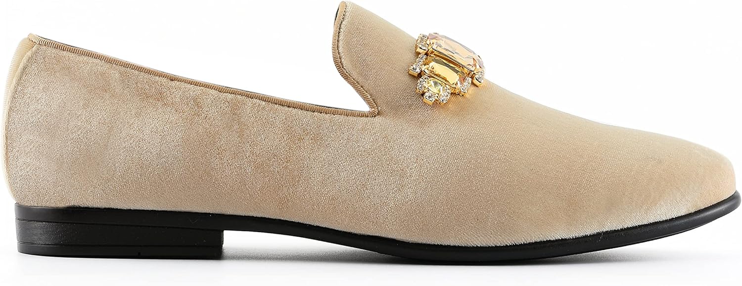 Amali Tiago- The Original Men's Faux Velvet Slip On Loafer with Jeweled Bit and Matching Piping - Mens Smoking Slip On Shoes - Formal Tuxedo Dress Shoe Loafers for Men