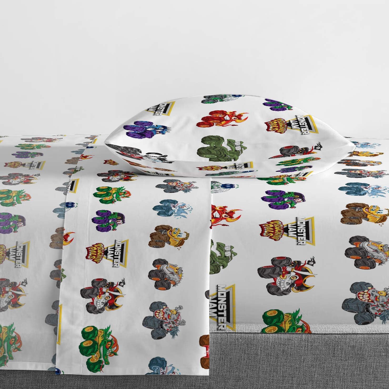 Jay Franco Kids Sheet Set with Fitted, Flat Sheets & Pillow Cover - Ultra-Soft Bedding with Pillowcase for Room Decor, White - Monster Jam, 3 Piece Twin