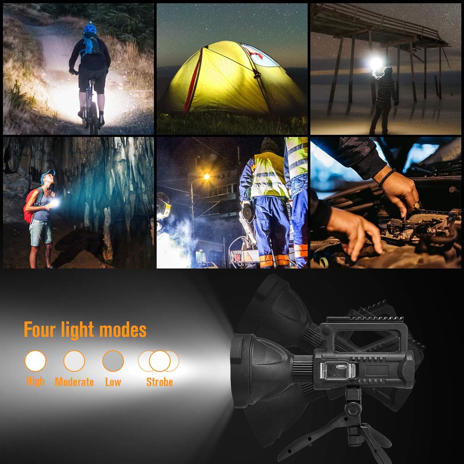 Super Cheap 🛒 LED Rechargeable Spotlight Flashlight Super Bright 10000 High Lumens IPX6 Water Resistant Emergency Handheld Tactical Flashlights Outdoor Spotlight with USB Output and Tripod (Black 1) (Black 2)