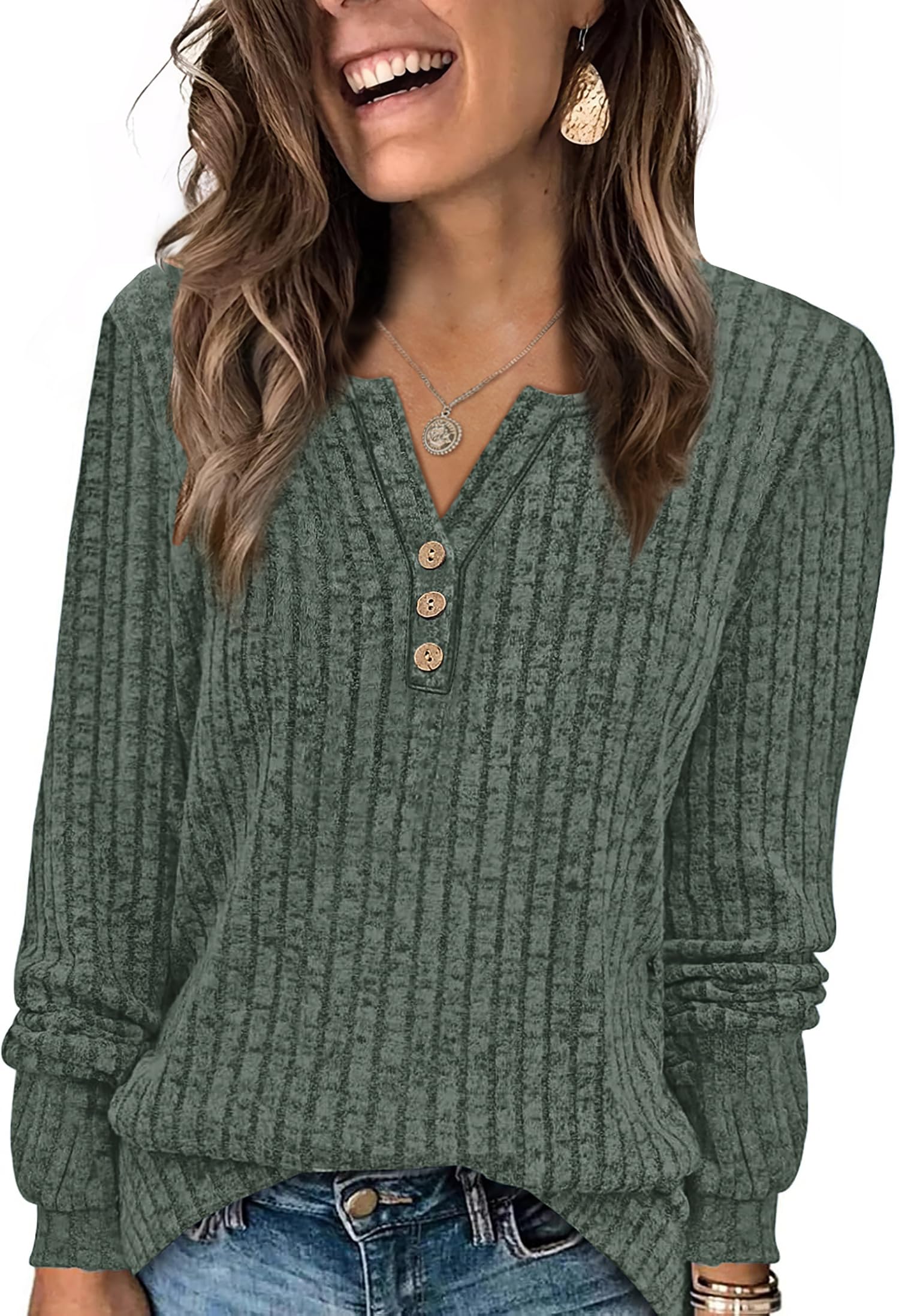 Photo 1 of (L) WIHOLL Fall Outfits for Women 2025 Long Sleeve Shirts for Women Fall Tops Winter Clothing Sweaters Thermal Shirts Business Casual School Outfits for Teachers Green L
