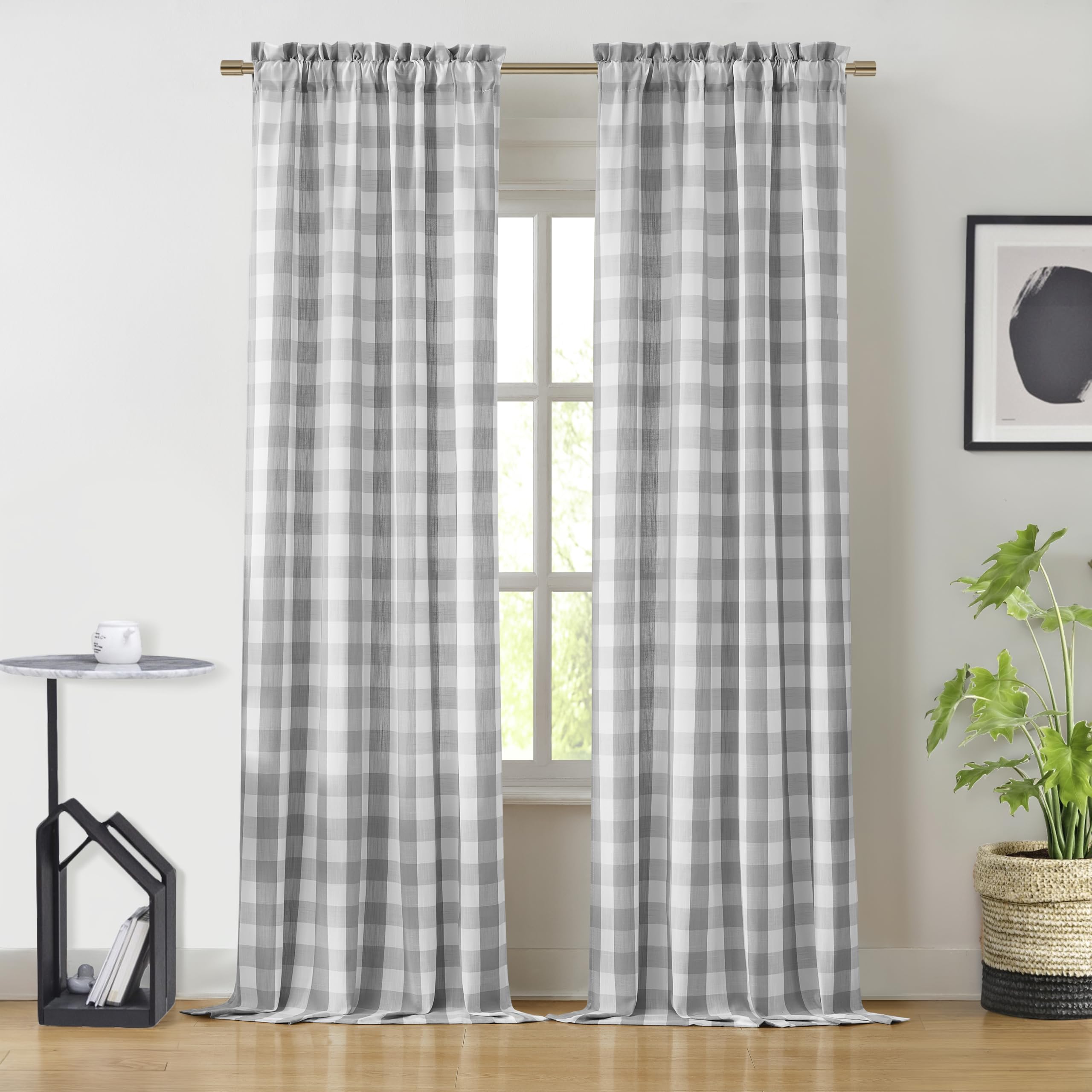 Bapawfish Buffalo Plaid Checkered Grey White Window Curtain Panels 84 Inches Length,Semi Sheer Drapes,Gingham Rod Pocket Window Treatment for Bedroom Living Room,2 Panels,40"x84",Gray