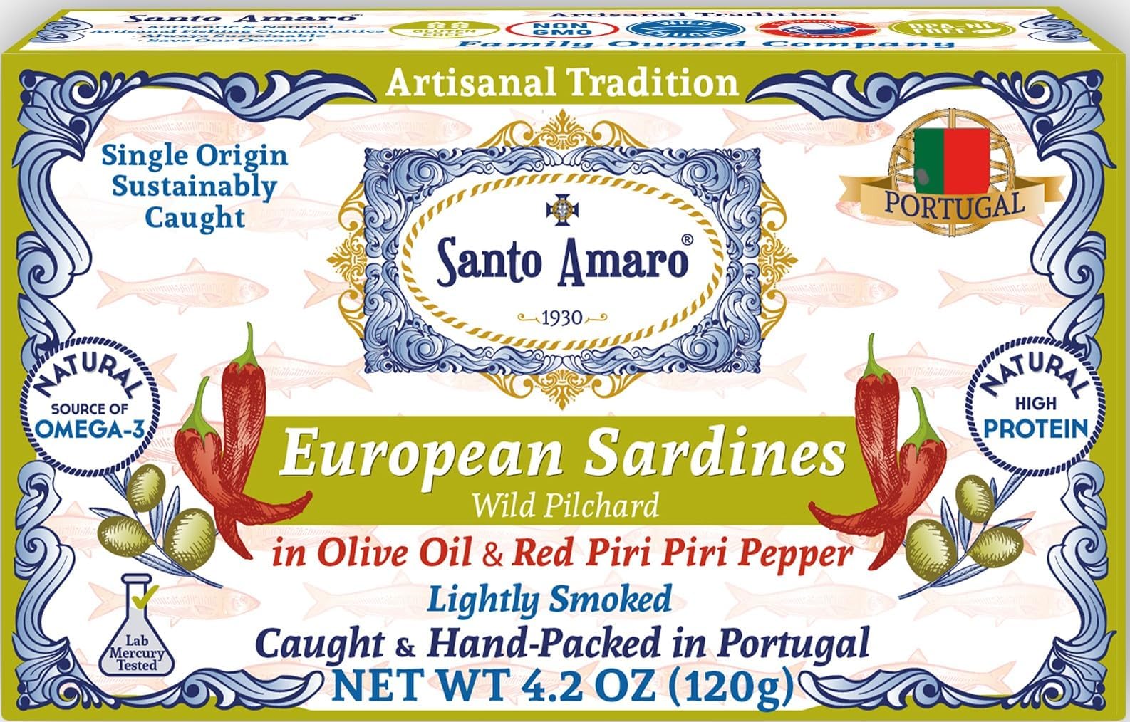 Santo Amaro - Authentic European Sardines in Olive Oil & Red Piri Piri, Pepper, Hand-Packed Canned Sardines in Spicy Olive Oil, Wild Caught Portuguese Sardines, Lightly Smoked, Low Mercury, Pack of 12