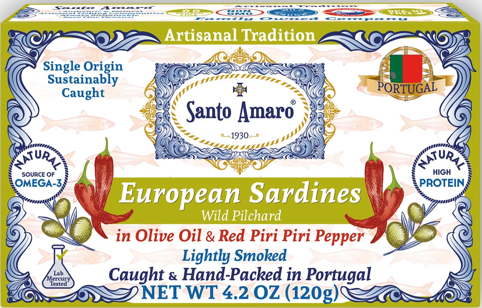 Santo Amaro - Authentic European Sardines in Olive Oil & Red Piri Piri, Pepper, Hand-Packed Canned Sardines in Spicy Olive Oil, Wild Caught Portuguese