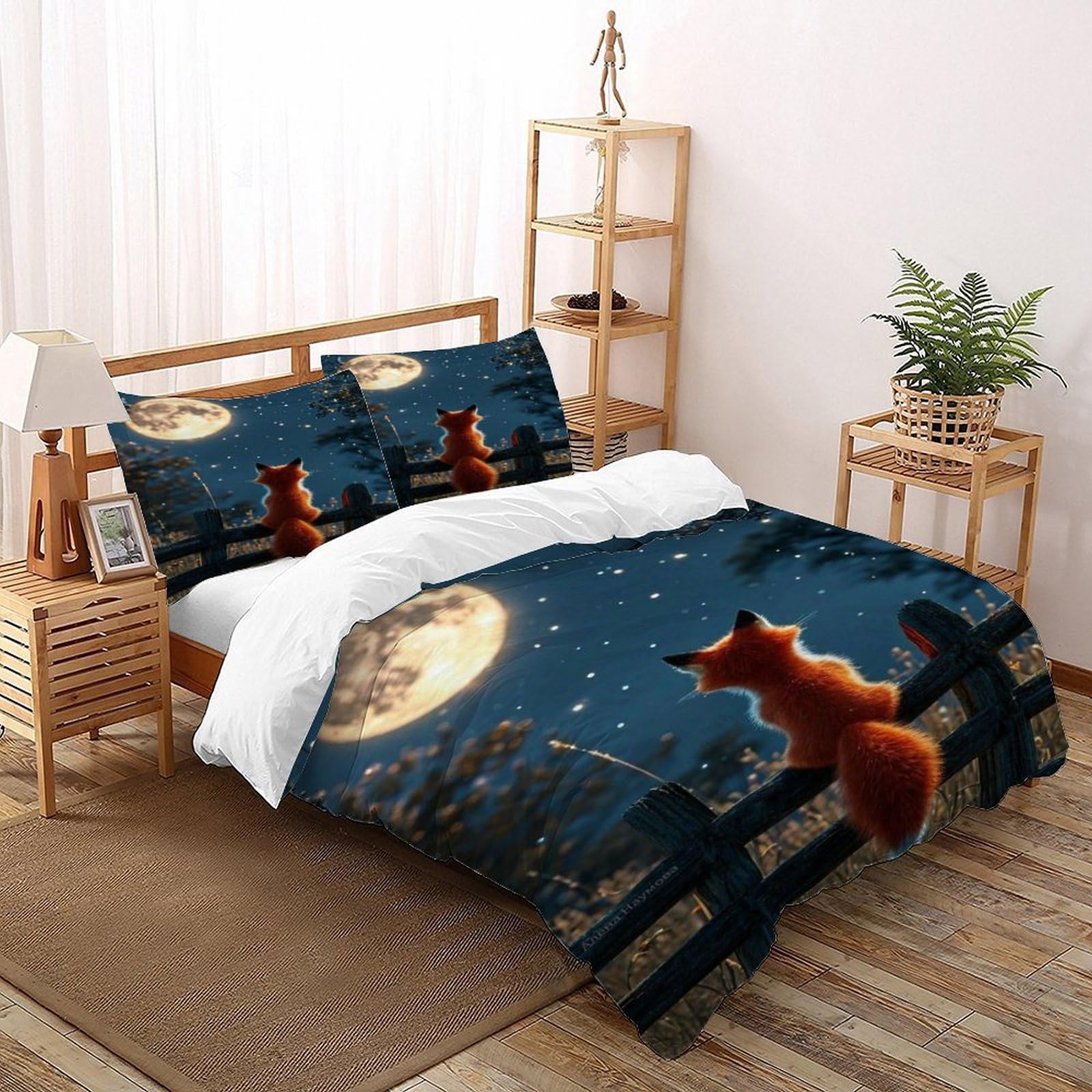 Parure de lit motif animal renard sous la lune housse de couette double pour lit douillet