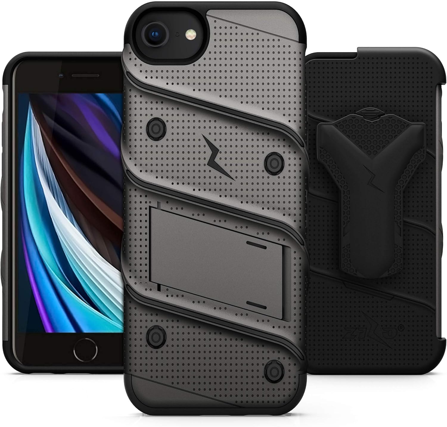 ZIZO Bolt Series for iPhone SE (3rd and 2nd gen)/8/7 Case with Screen Protector Kickstand Holster Lanyard - Gun Metal Gray