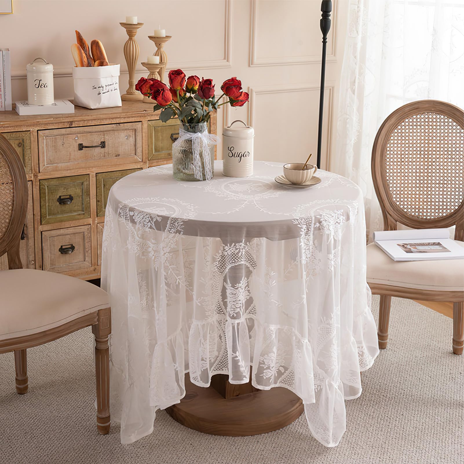 auons White Lace Rectangular Tablecloth with flounce, Chic Overlay Ruffles Table Cloth - Image 2