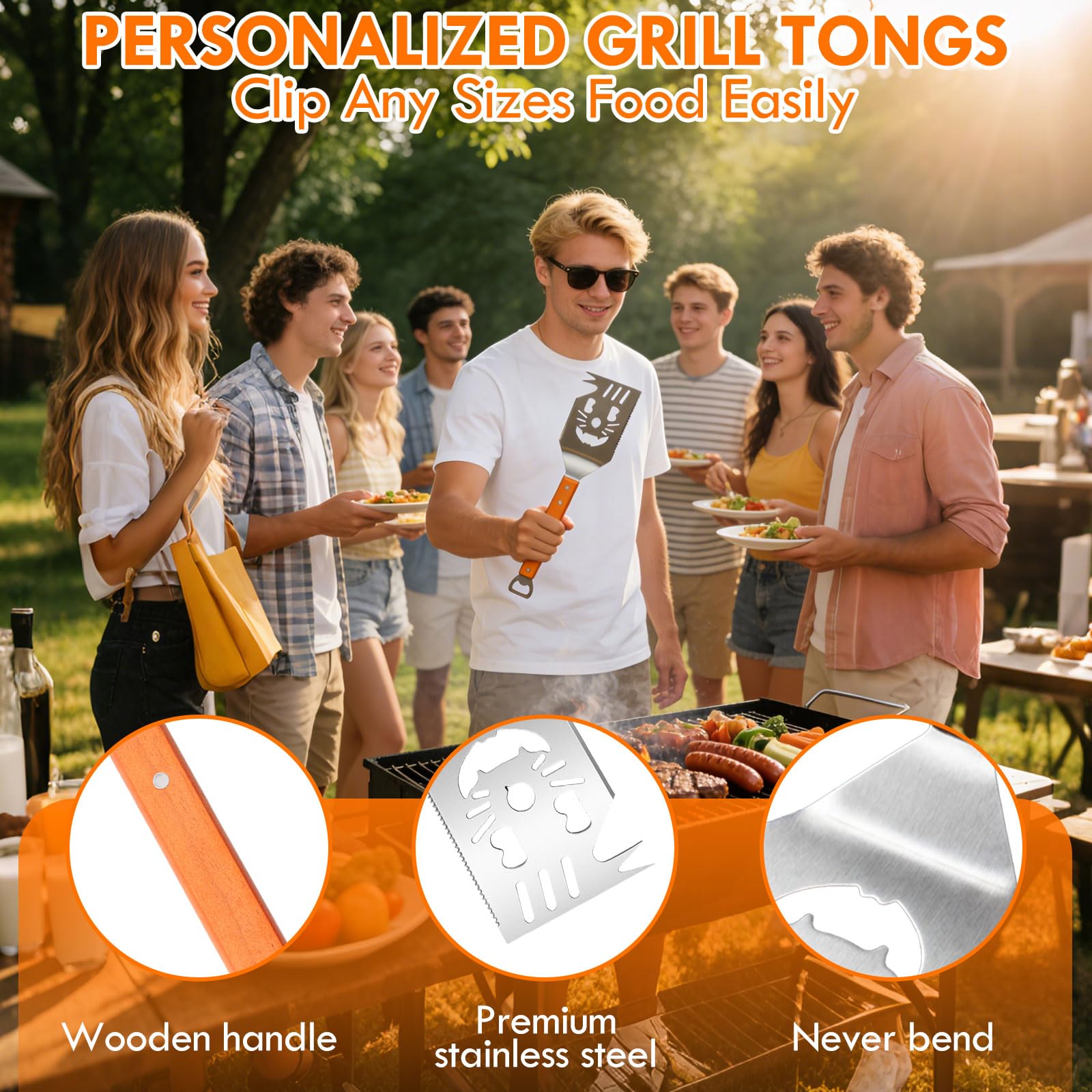 Ensemble d'ustensiles de barbecue en acier inoxydable 4 pièces avec pinces, spatule, fourchette à viande, manches en bois