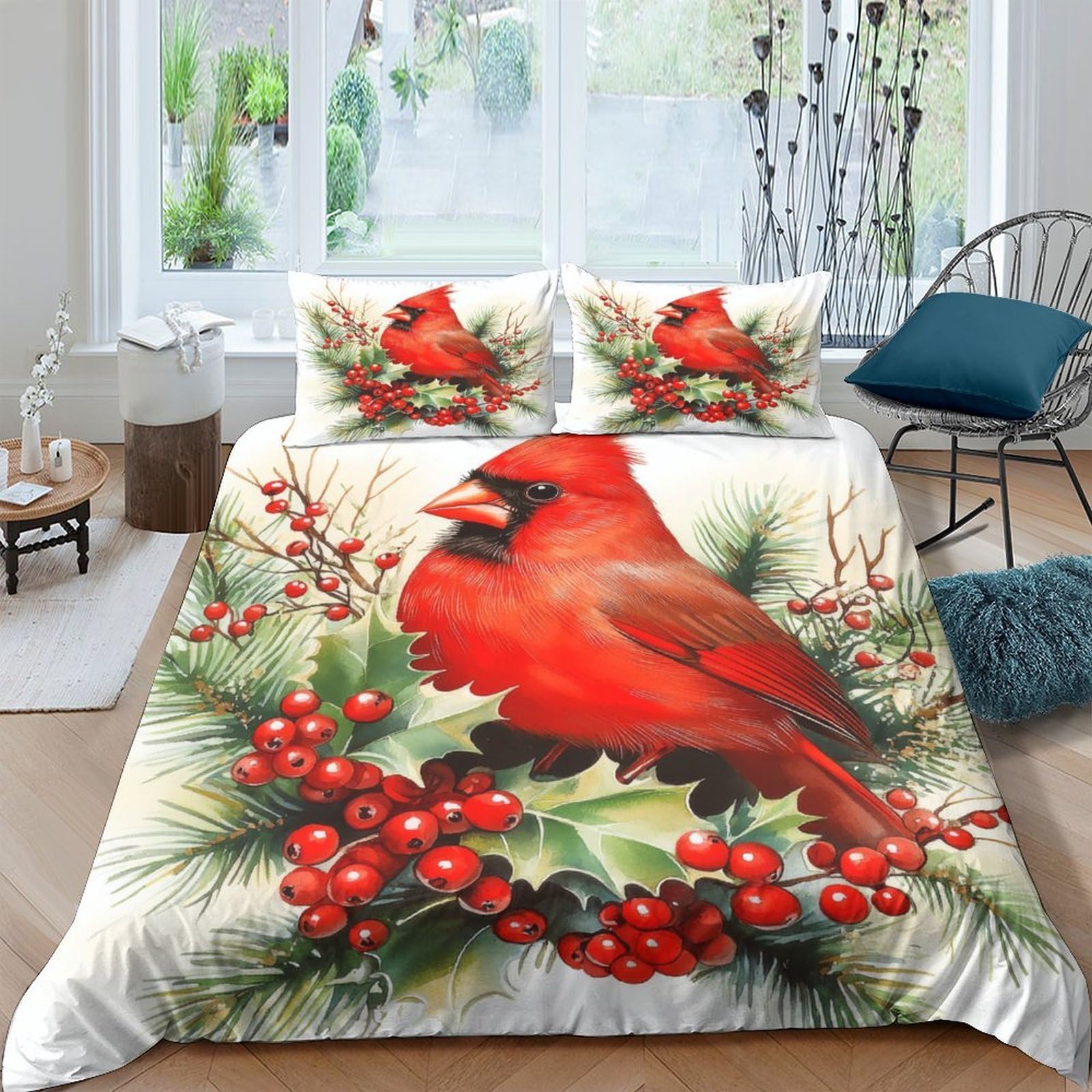 Ctjqhvkz Style-6 3D Printed Red Cardinal Bird Fitted Sheet Microfiber Soft Christmas Berry Bed Cover For Bedroom Guest Room Decor Single（135X200cm）