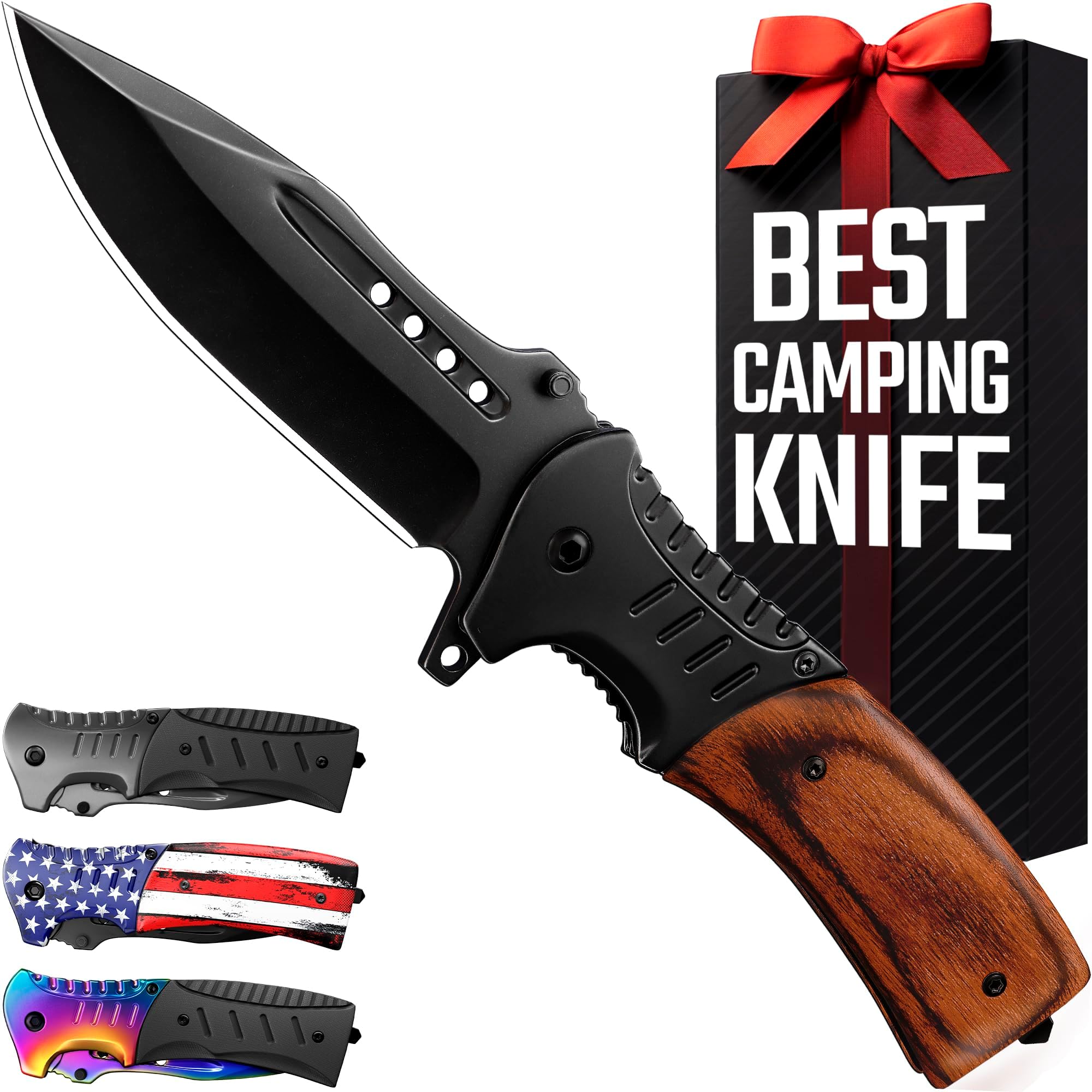 Pocket Knife for Men with Wood Handle & Glass Breaker & Pocket Clip - 3.66" Sharp Blade - Cheese Knives - Folding Knife for Men Women Hunting Camping Military Tactical Survival Hiking Work EDC 0207