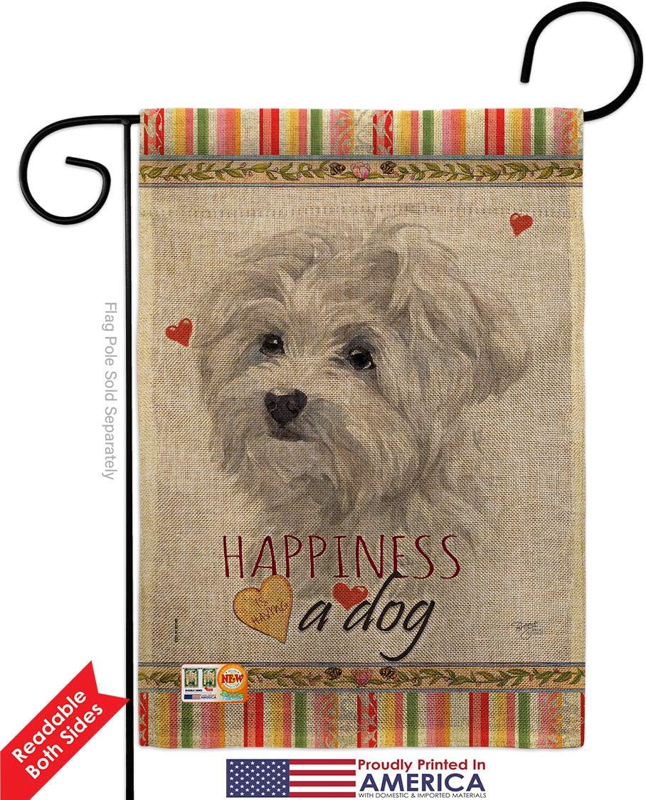 Maltese Happiness Burlap Burlap Garden Flag Set Wall Holder Animals Dog Puppy Spoiled Paw Canine Fur Pet Nature Farm Animal Creature Small Gift Yard House Banner Double-Sided Made In USA 13 X 18.5