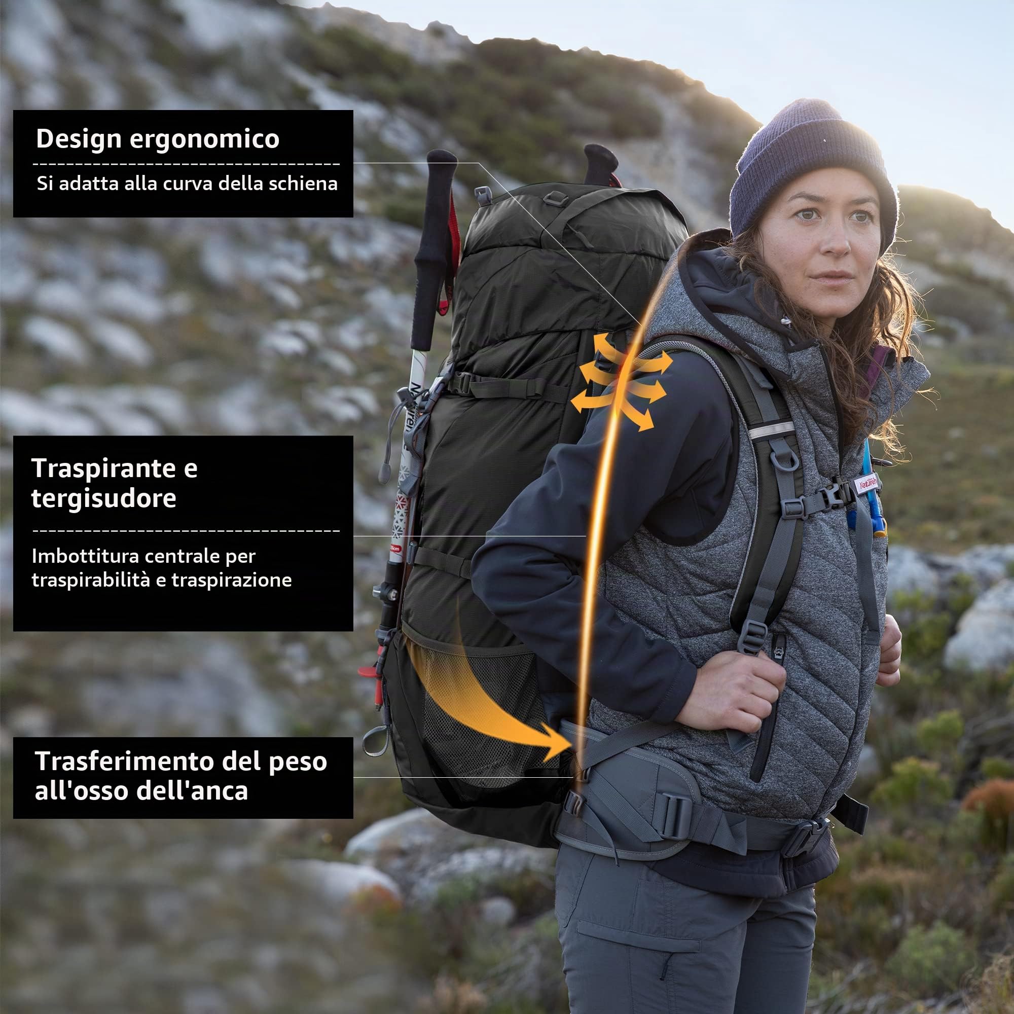 Naturehike Zaino da Trekking 70L Uomo Donne Zaino da Trekking Ultraleggero Impermeabile Grande Zaino da Viaggio con Copertura Pioggia per Outdoor, Alpinismo, Campeggio (Nero)