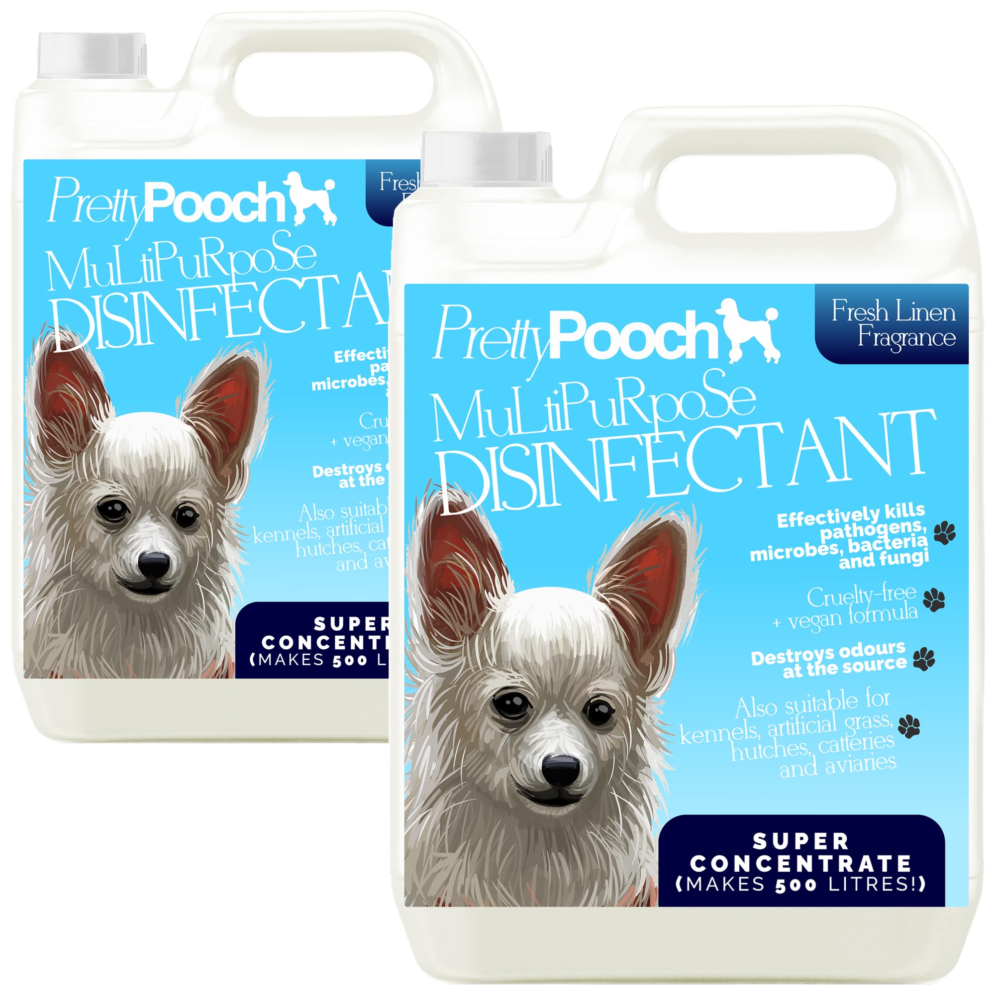 Pretty Pooch Multipurpose Disinfectant - Cleaner, Sanitiser, Deodoriser - Concentrated Formula - For Use in Kennels, Catteries, Hatches - Cruelty Free Formula - 2 x 5L (Fresh Linen)