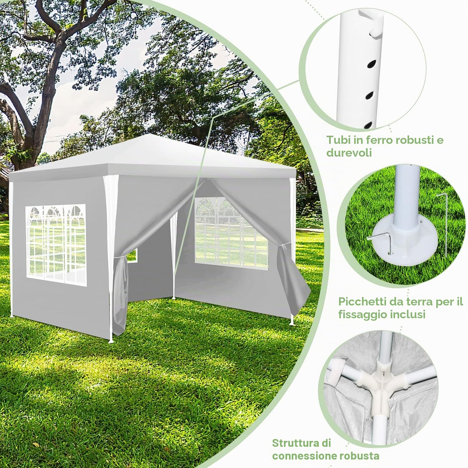 Gazebo da giardino, 3 x 3 m, impermeabile, resistente ai raggi UV, 100 g/m², in polietilene di alta qualità, con 4 pannelli laterali, colore bianco