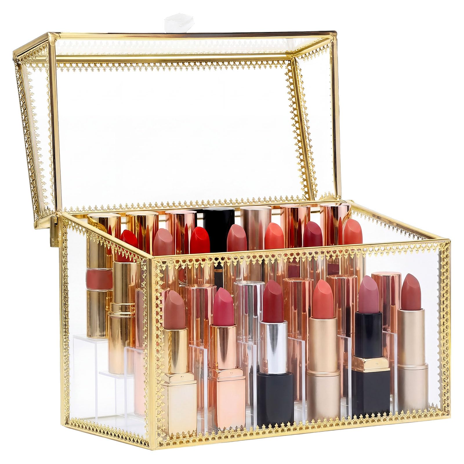 Luxury Tempered Glass Lipstick Holder, Compartments Modern Glass Lipstick Organizer, Lip Gloss Display Case, Gold Transparent Lipsticks Holder, 18.5x14x10cm for Cosmetics Nail Polish(18 grid)