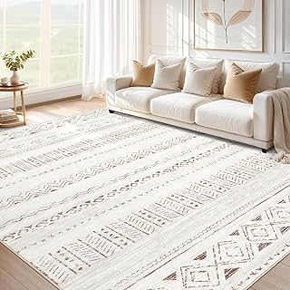 Cotiled 5x7 Washable Boho Area Rug - Non-Slip, Stain Resistant, Lightweight for Living Room, Bedroom, Farmhouse - Light Brown/Cream