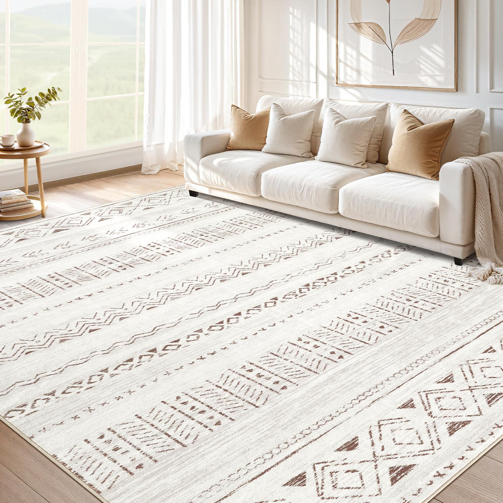 cotiled 5x7 Area Rug for Living Room, Washable Non-Slip Large Area Rug, Indoor Floor Carpet Low Pile Soft Boho Farmhouse Rug for Bedroom Dining Room (Light Brown/Cream,5'x7')
