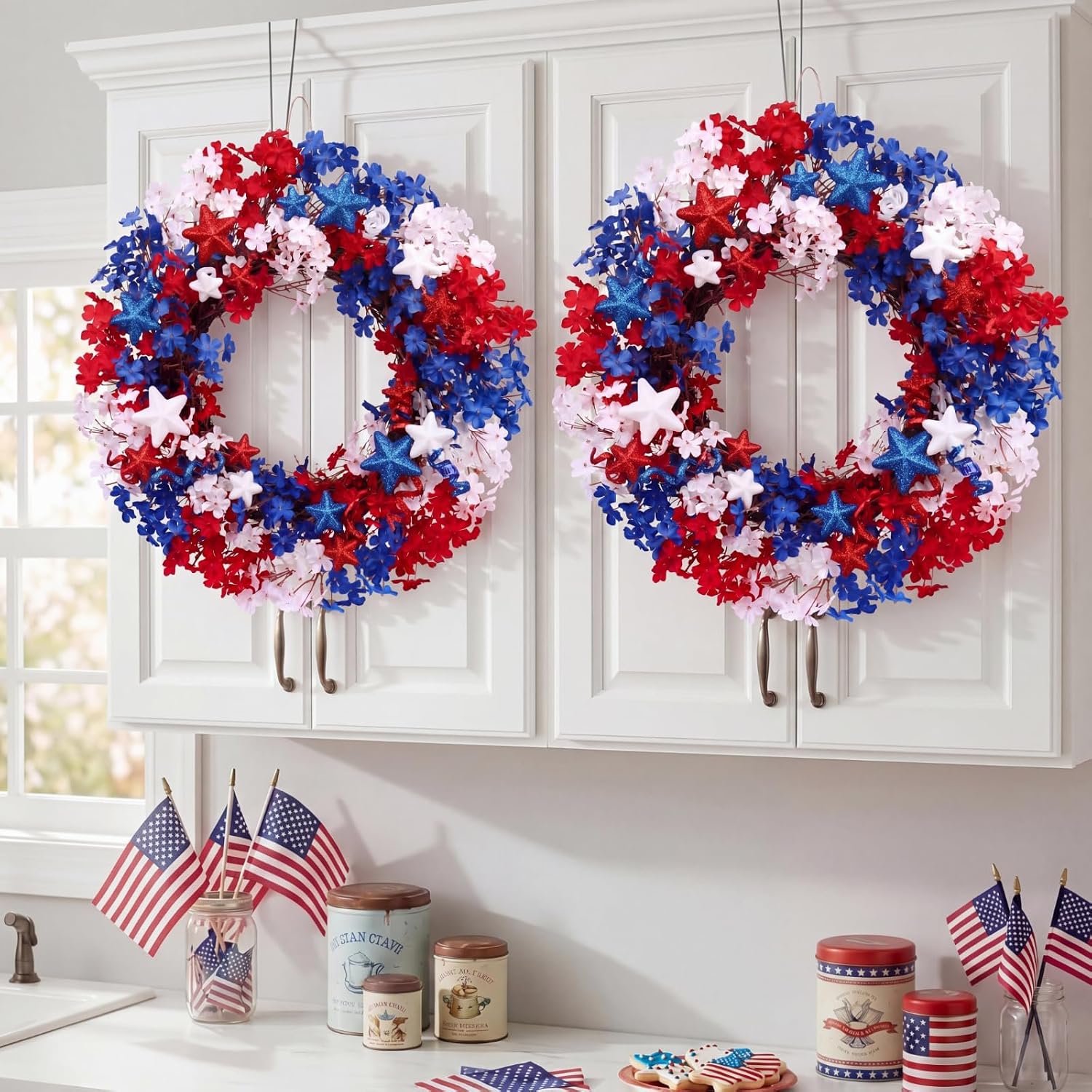 Dingion 4th of July Patriotic Wreaths for Front Door 20 Inch Red White Blue Star Wreath Americana Independence Day Veterans Day Decor for Memorial Flag Wall Porch Indoor Outdoor Decorations