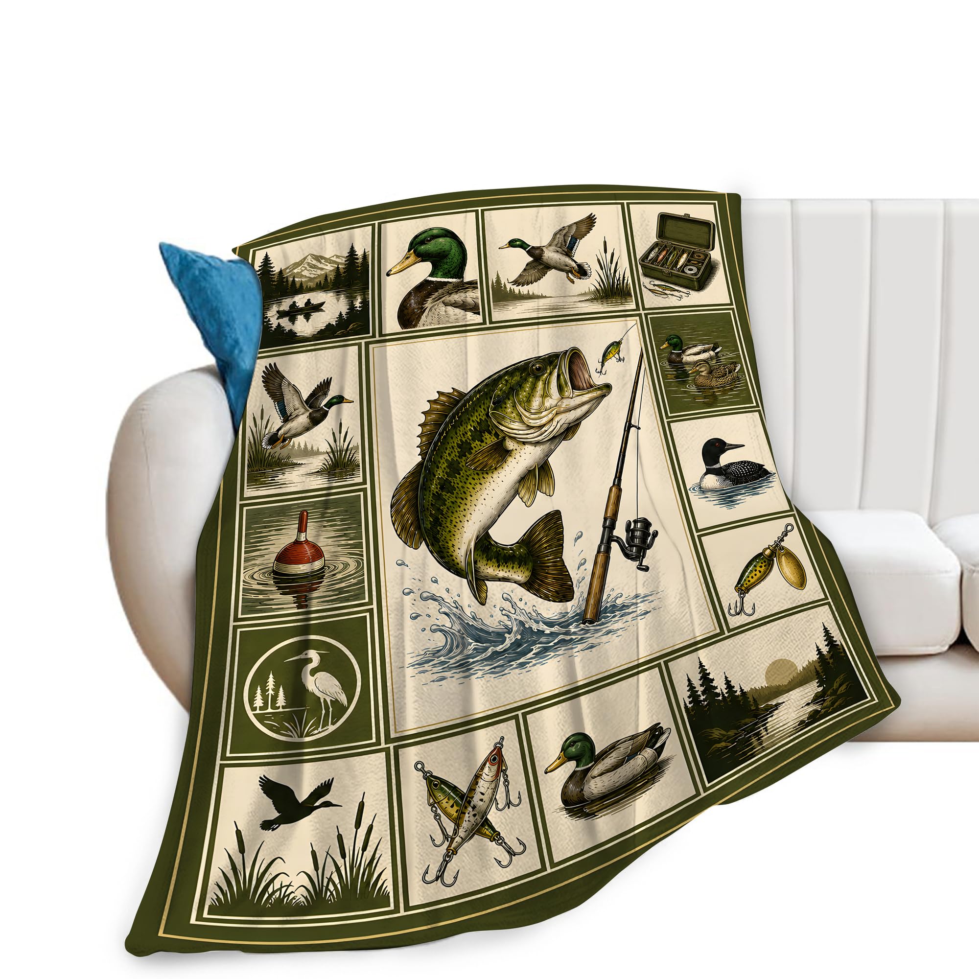 Uiamt Bass Fish Duck Bass Fishing Duck Hunting Throw Blanket For Camping Lovers 40"X50"