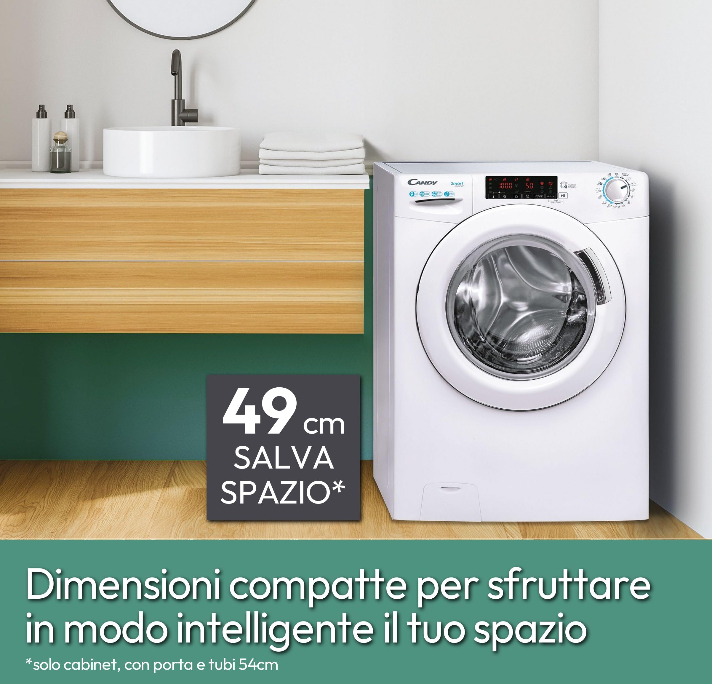 Candy Smart Lavatrice 9kg, carica frontale Classe B, 1200 giri, 16 Programmi, Cicli Rapidi, Partenza Ritardata, Sensore Kilo detector, Connessa NFC, 60 x 52 x 85 cm, Bianco – CSS129TW4-11