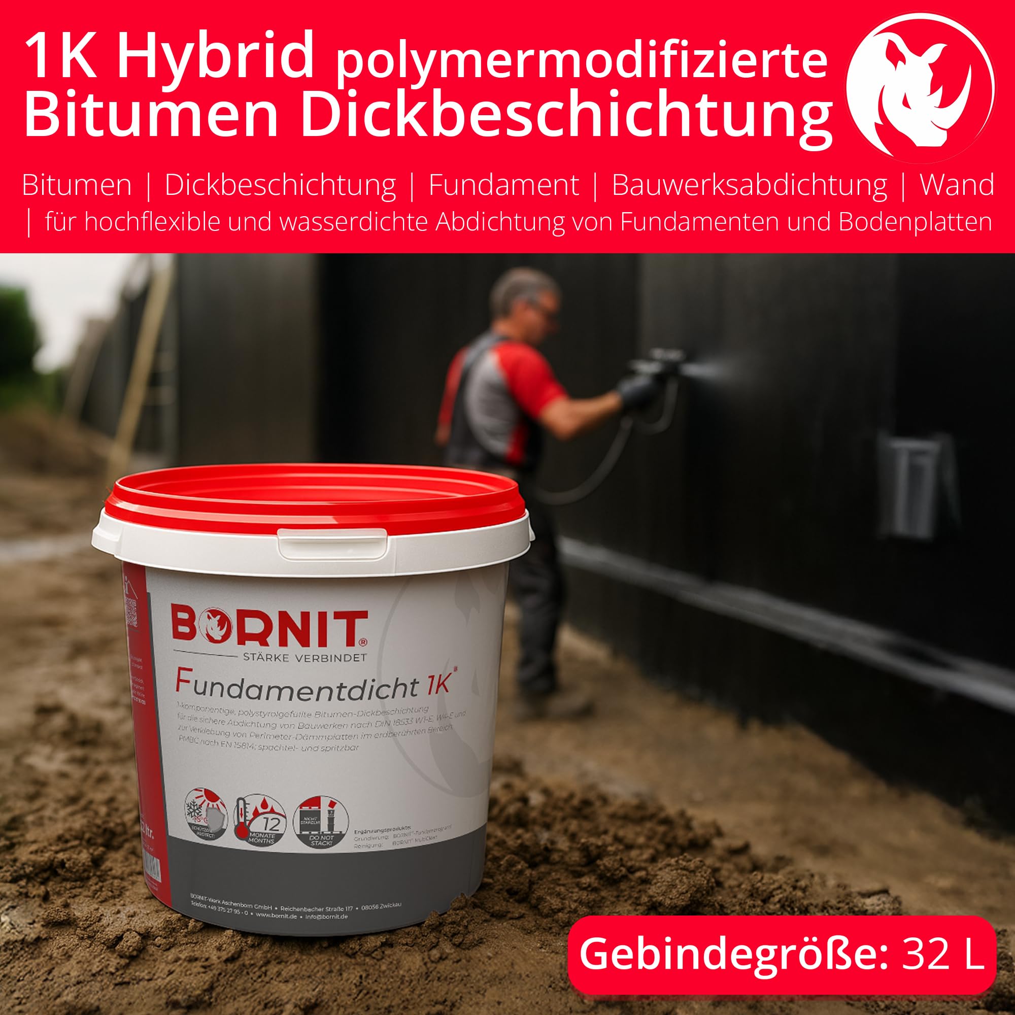 BORNIT Fundamentdicht Bitumen Dichtmasse wasserdicht [gemäß DIN18533] 32L | Dichtschlämme Bitumen Dickbeschichtung Haus Garage Dichtmasse außen Wasserdichte Beschichtung Bauwerksabdichtung Keller