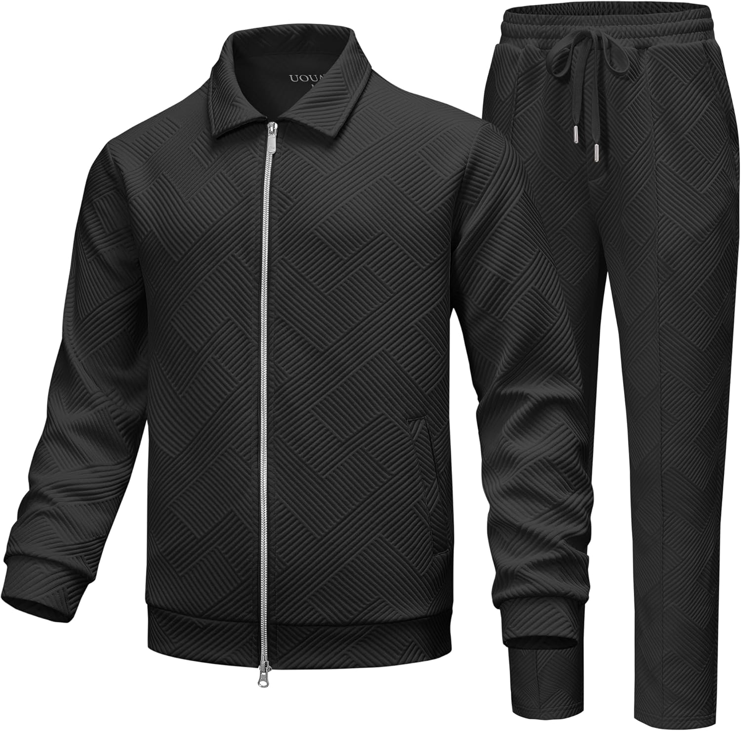 UOUA Mens 2 Piece Tracksuits Set Casual Jacquard Sweatsuits Outfits Full-Zip Jakcet & Loose Jogging Pants - Image 2