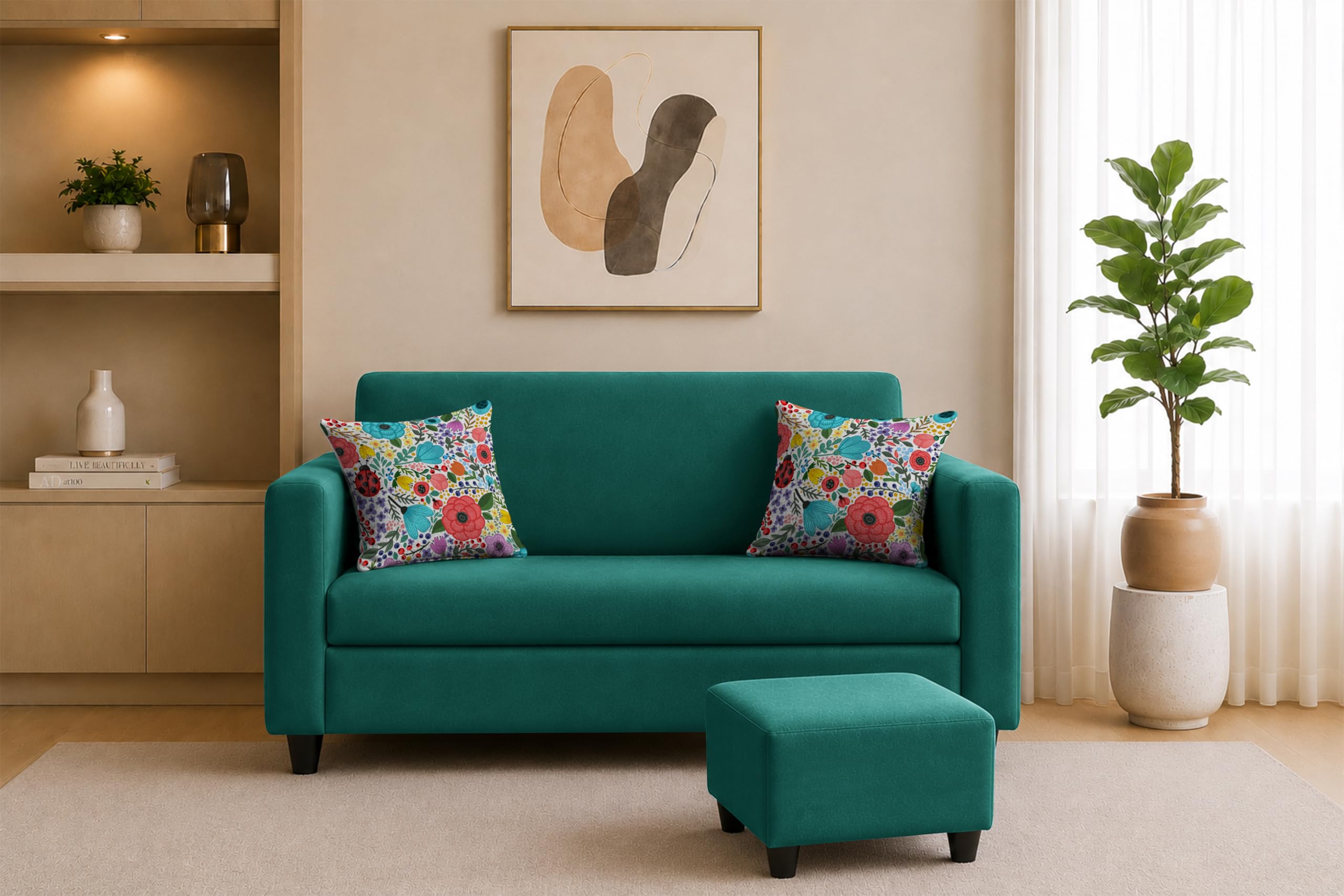 Rosebell 2 Seater Sofa with Ottoman | Living Room Couch | with Printed Cushions | Sofa for Home, Apartment & Office-Green Color-image-35