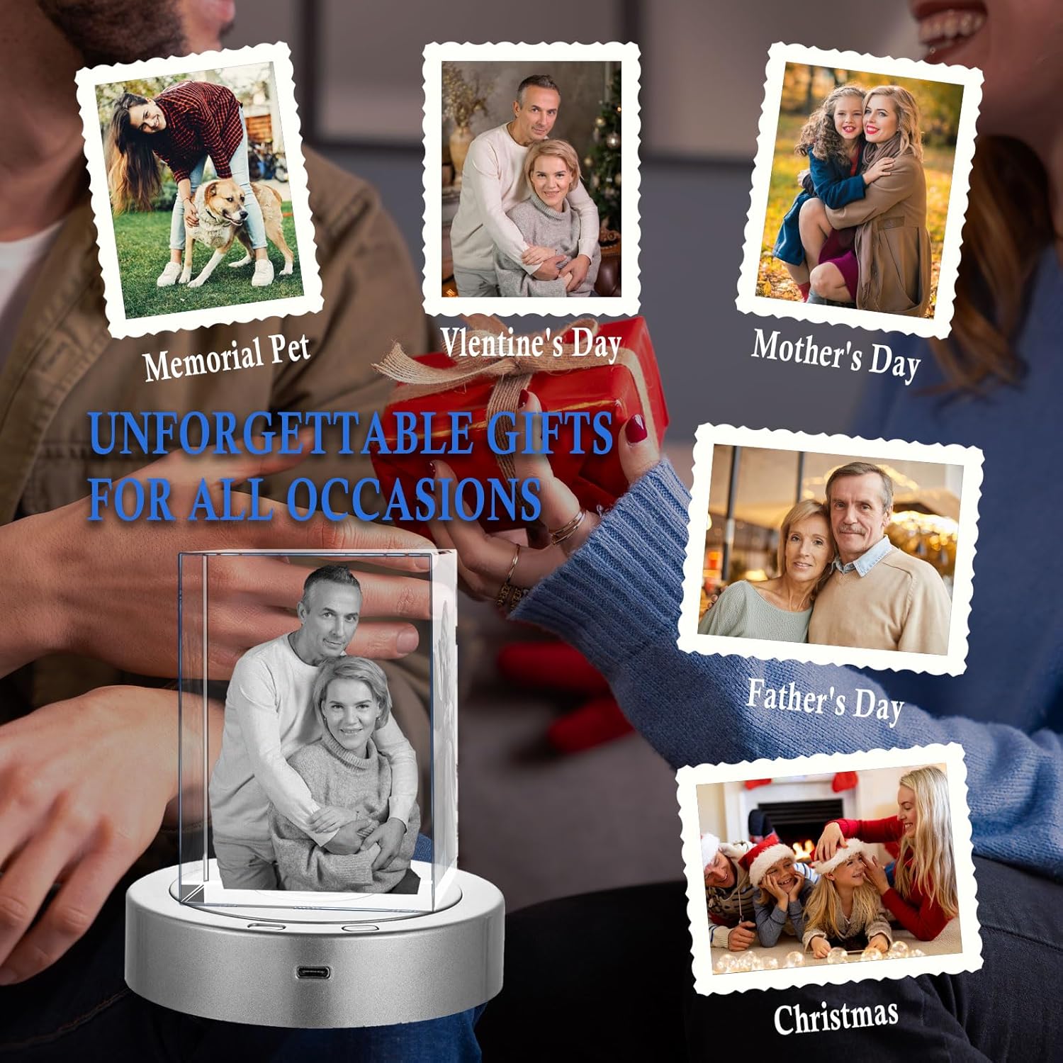 Personalized 3D Crystal Photo, Customized Laser Engraved Glass Picture Frame, Great Anniversary, Birthday, Christmas, Memorial Gifts for Women, Men, Dad, Mom (Portrait, Small)