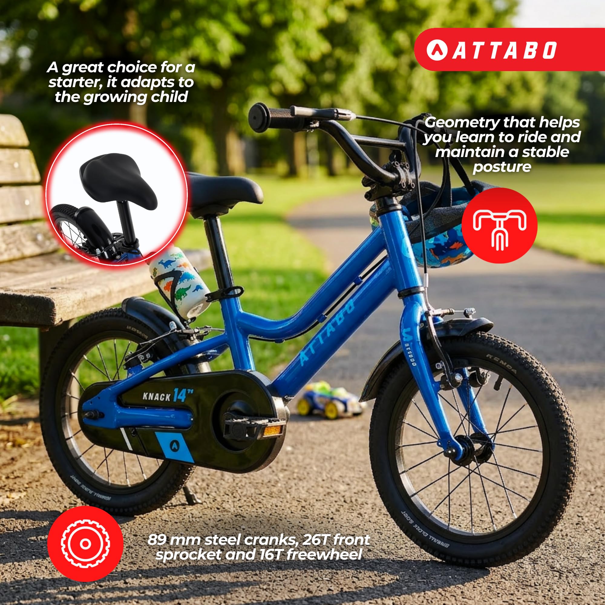 ATTABO Knack 14 - Bicicleta Infantil (2 – 5 años) con Marco de Aluminio Ligero (8 kg), Ruedas de 14 Pulgadas, Altura de 85 a 110 cm, soporta hasta 50 kg, Manillar ergonómico, Ideal para Primeros