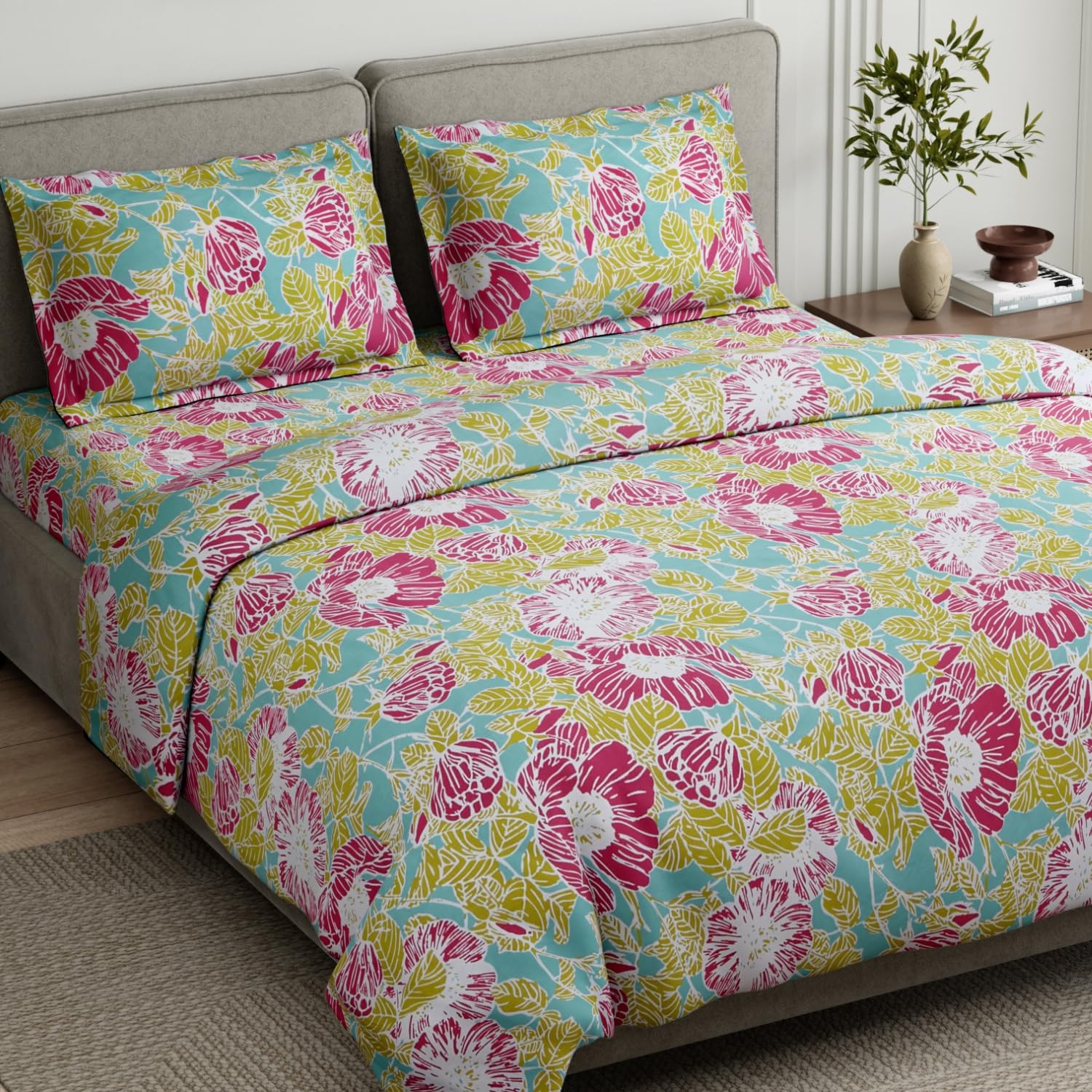 haus & kinder Double Bedsheet for Queen Size Bed | 90 x 100 Inches 186 TC Cotton Bedsheet for Double Bed with 2 Pillow Covers - Petal Veranda Multi