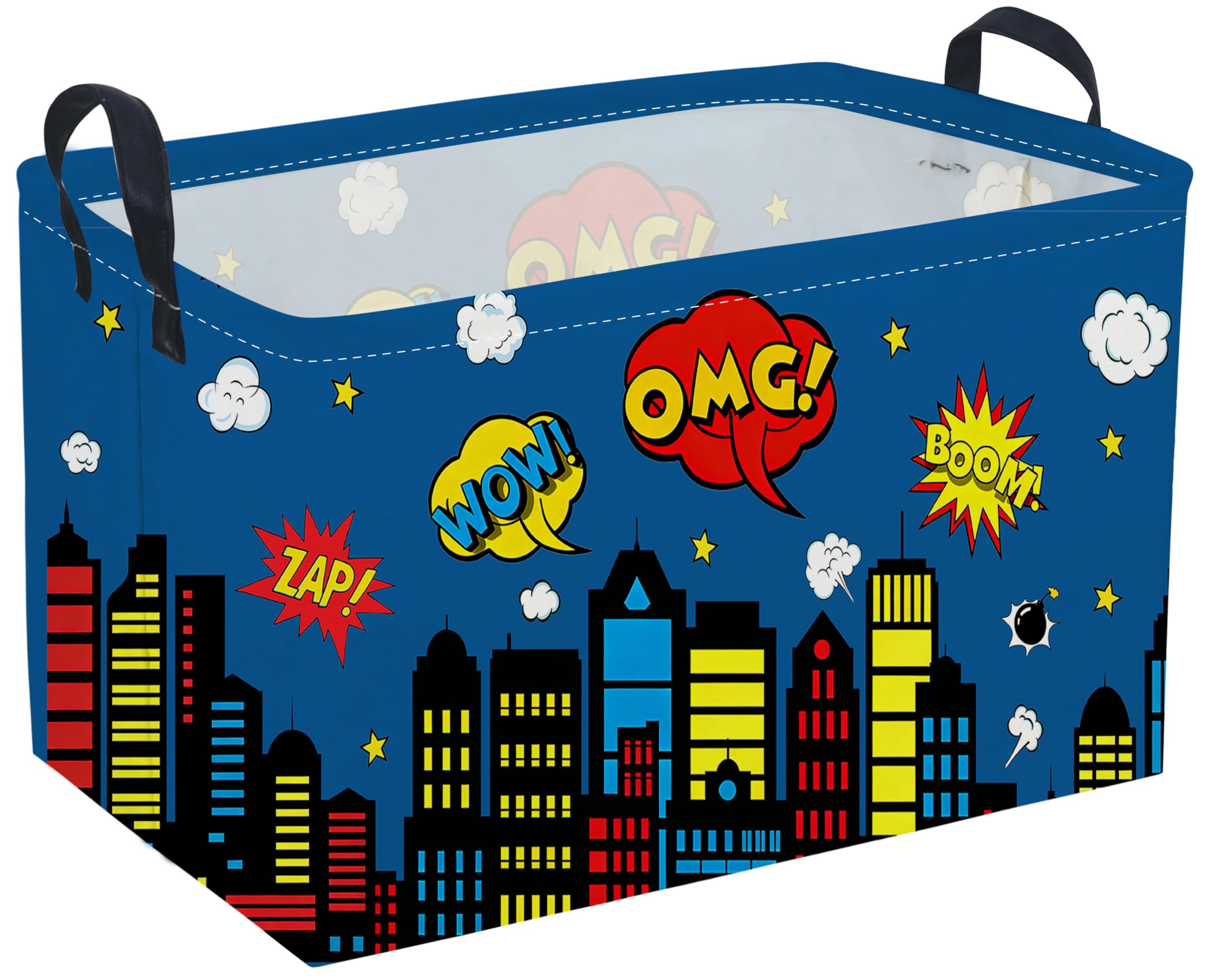 Sanjiaofeng Rectangular Blue City Hero Skyline Basket,Baby Storage Bins with Handles,Comics Hero Kid Basket,Building Silhouettes Storage Bin,Room Decor(Building)