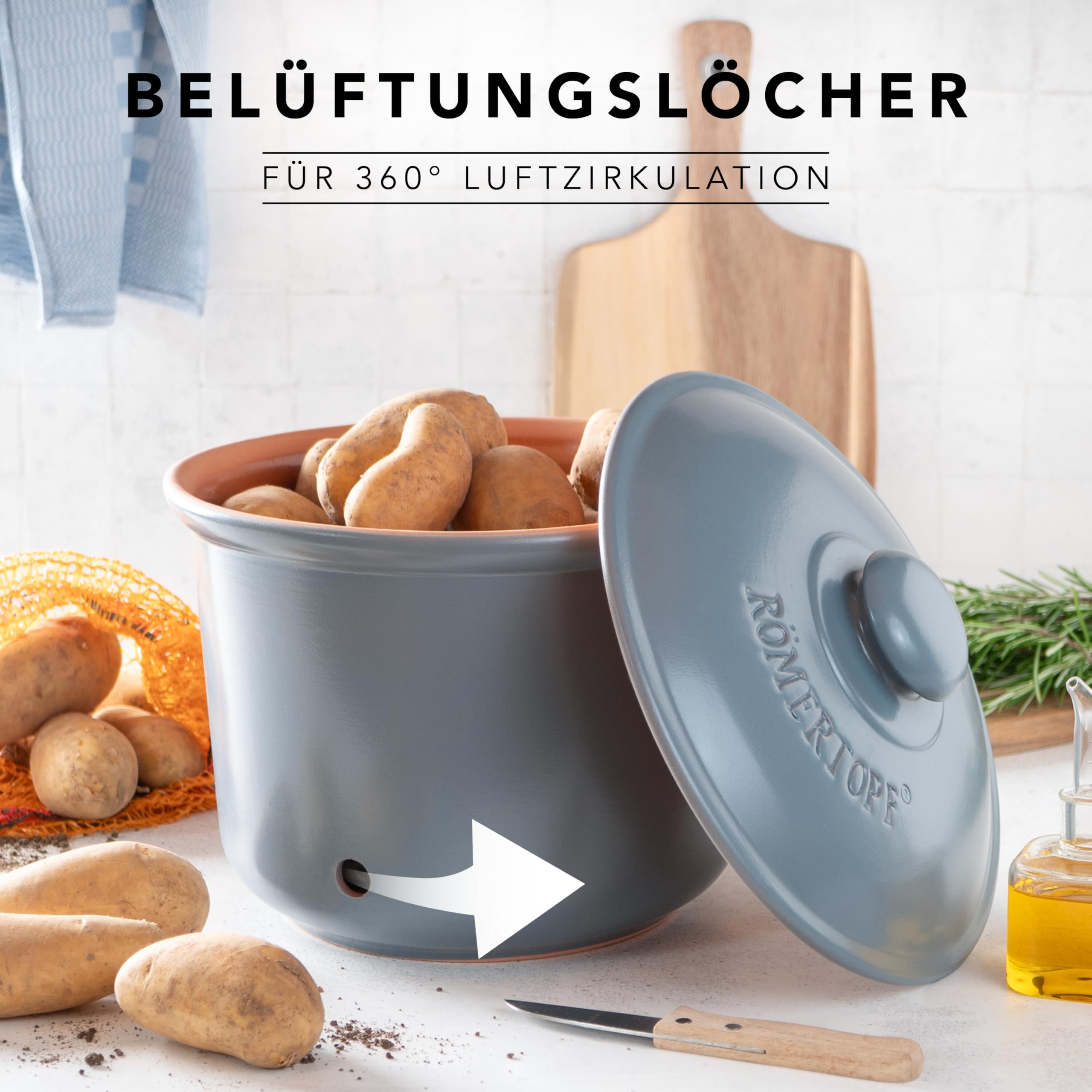 Römertopf Contenitore per Patate in Ceramica – Conserva Patate Fresche più a Lungo, Traspirante e Areato, Blu-Grigio, tradizione dal 1967