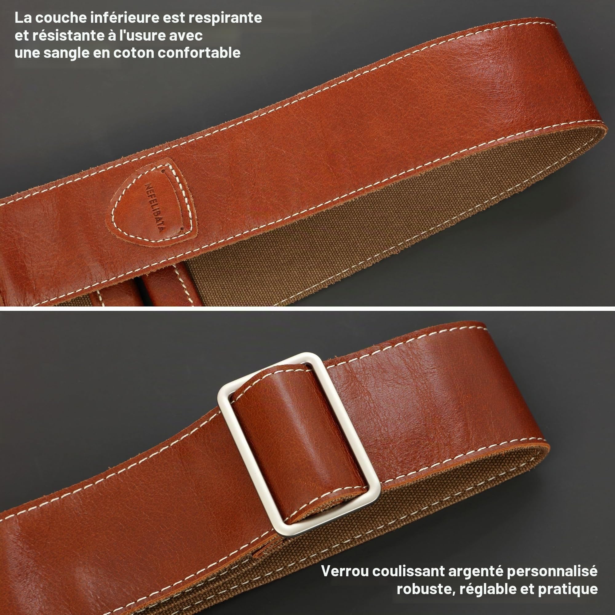 Nefelibata Sangle de guitare en cuir pleine fleur de 5,1 cm avec poche pour médiator pour basse, guitare électrique et acoustique, Ab# - Marron café, M