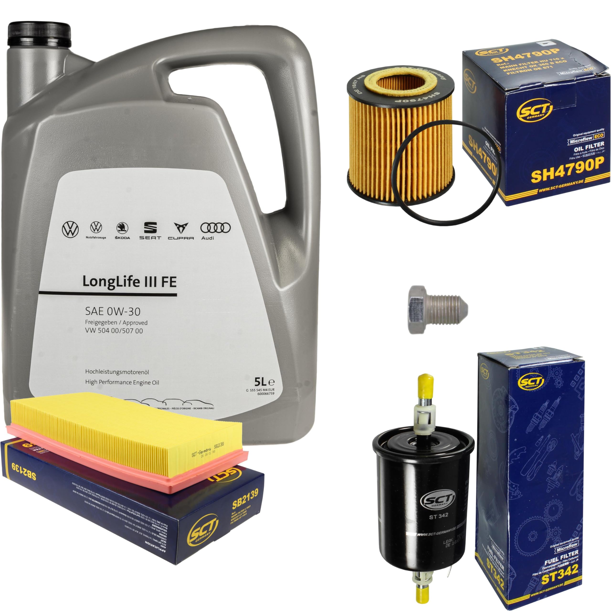 Paquete de inspección Kit de mantenimiento con 5 L 0W-30 aceite de motor LongLife 3 FE, filtro de aceite, filtro de aire, filtro de combustible, tapón de drenaje de aceite