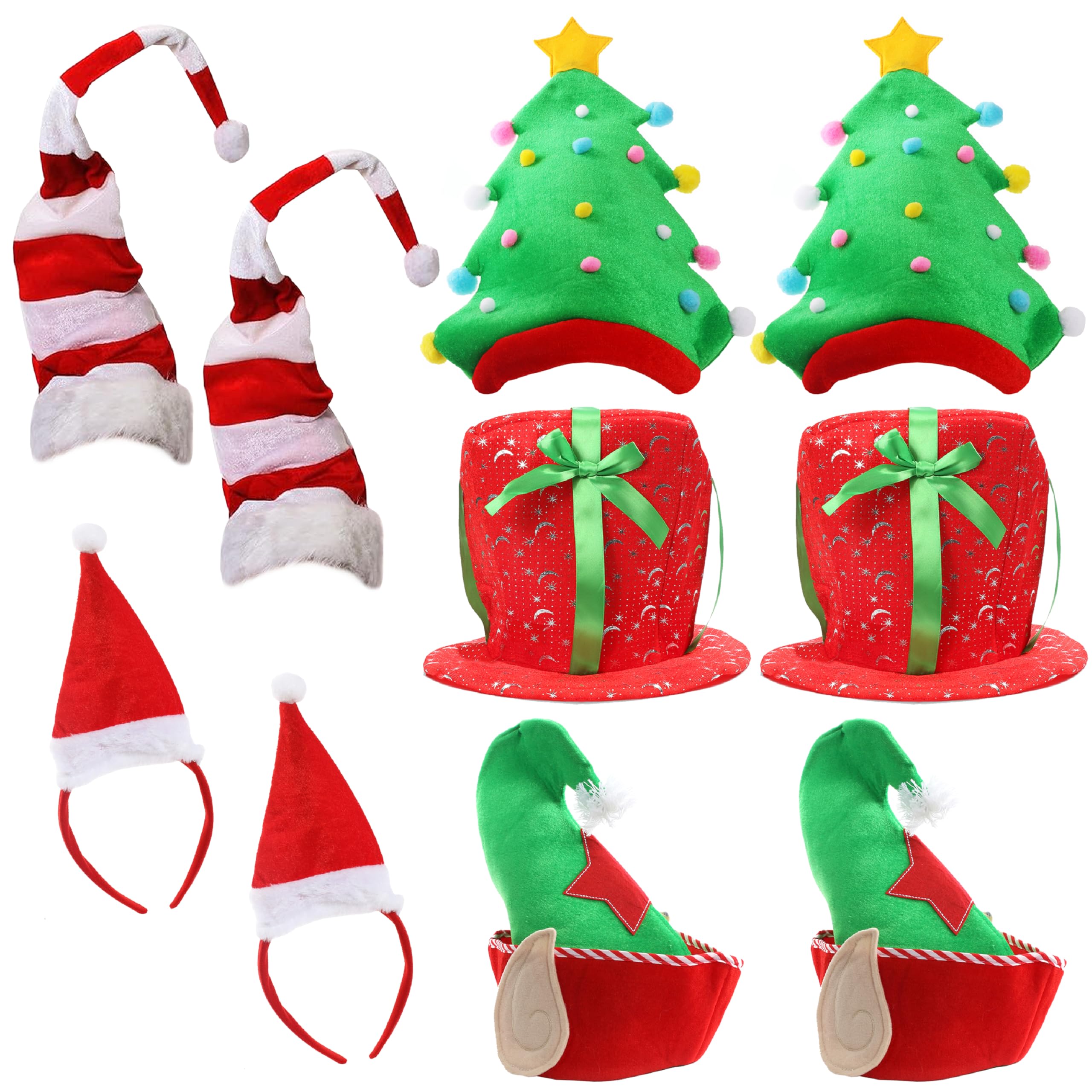 Paquete de 10 sombreros de Navidad, 2 sombreros de regalo de Navidad, 2 sombreros de árbol de Navidad, 2 sombreros de elfo, 2 sombreros largos de Papá Noel a rayas rojas y blancas, 2 mini diademas de