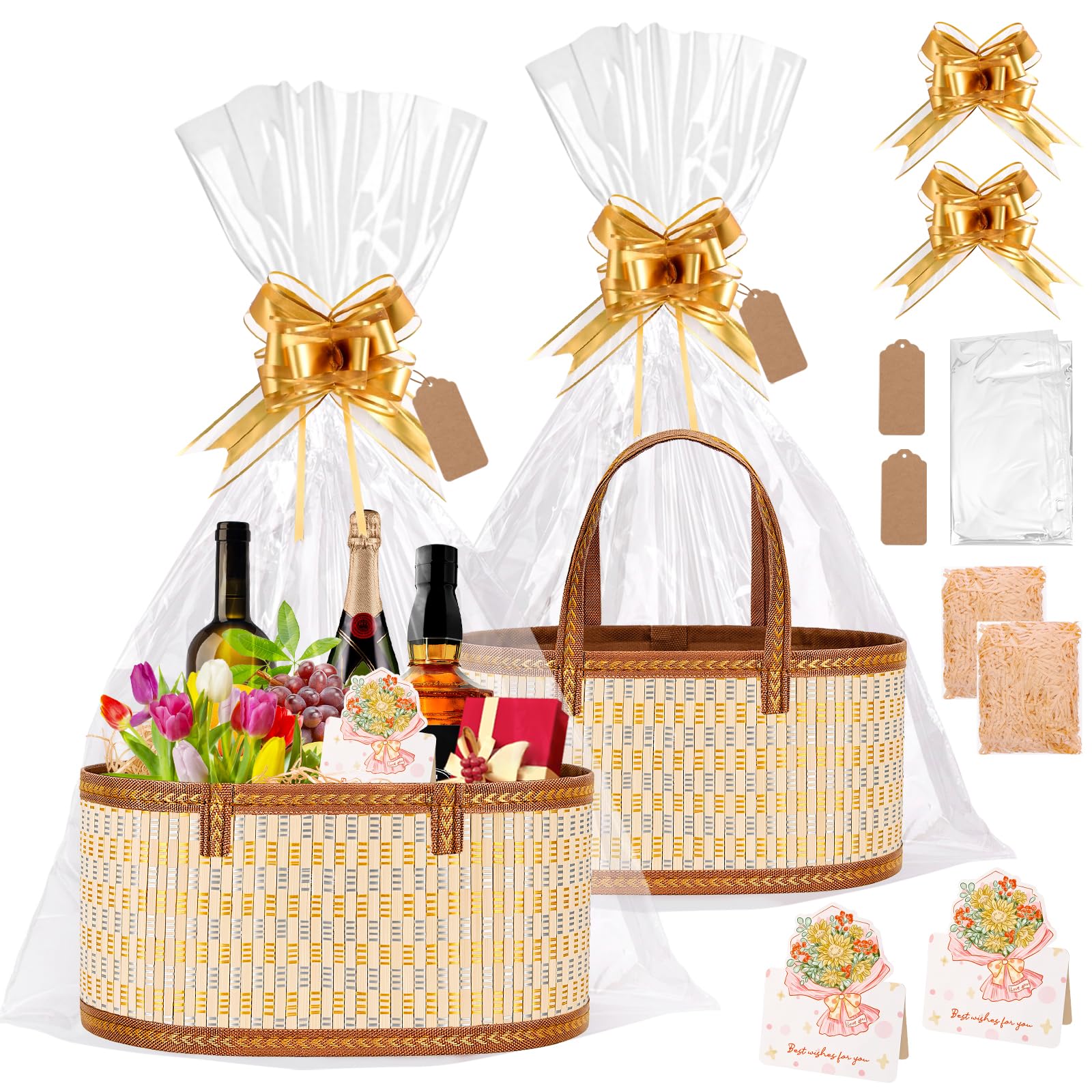 Dreamtop 2 Set Empty Hamper Baskets, Woven Bamboo Gift Basket Hamper Kit with Handles, Gold Sturdy Hamper Baskets for Gifts Empty to Fill for Christmas Birthday Baby Shower Wedding Gift