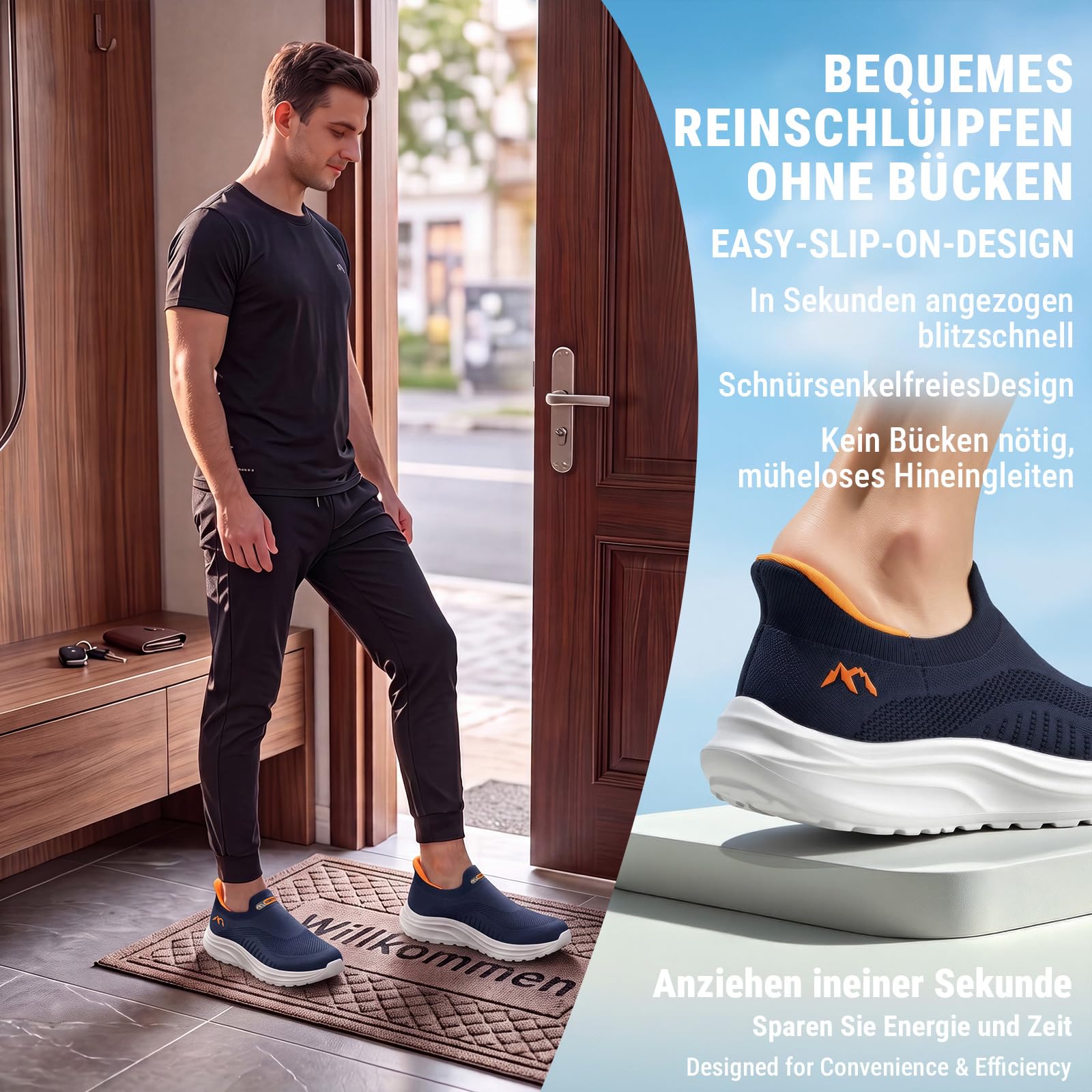 Sosenfer Herren Slip On Sneakers Breite Füße Hands-Free Walkingchuhe | Atmungsaktiv leichtgewichtig und bequem für Freizeit Walking Jogging und Alltagmit Mesh Outdoor Sportschuhe