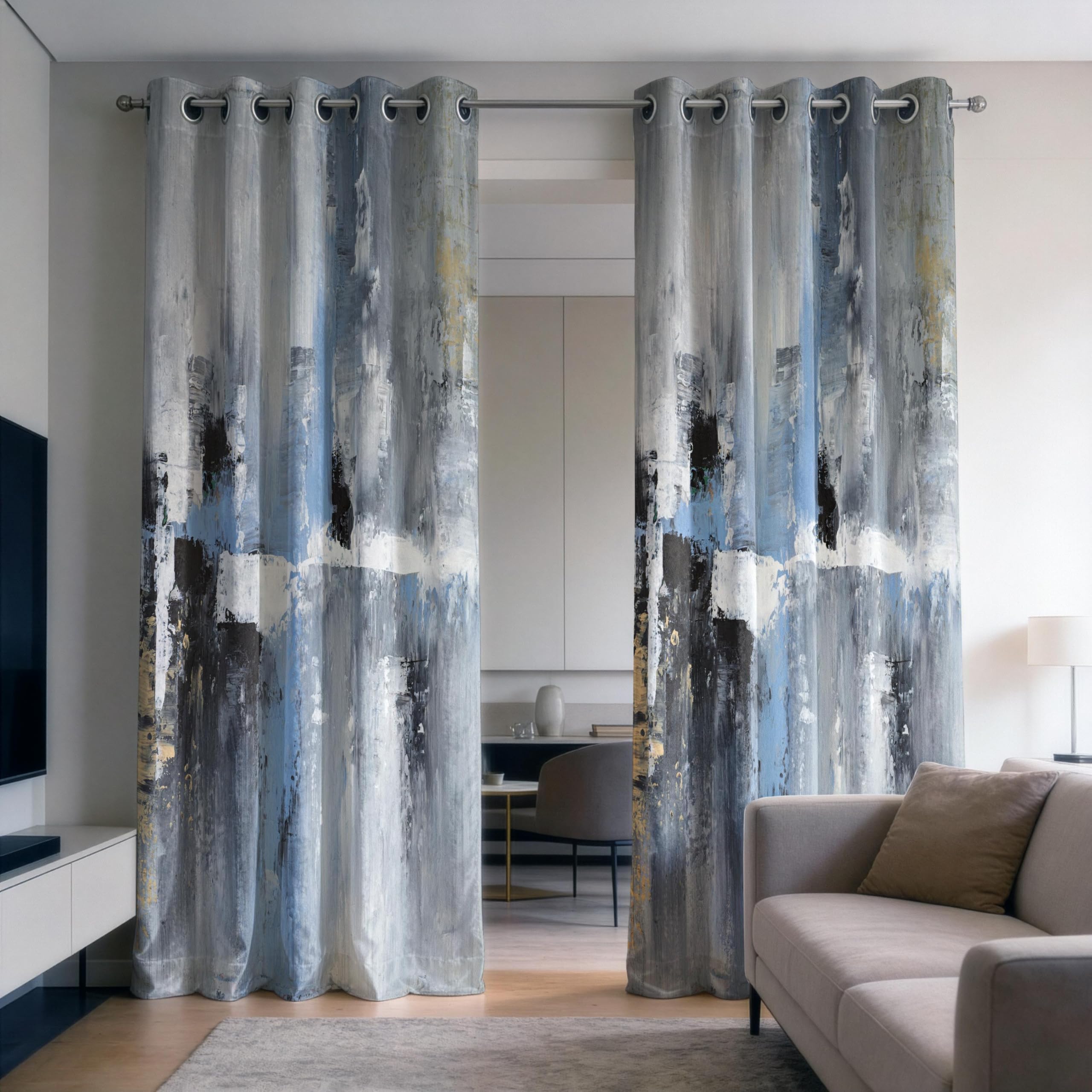 IKDZCM Abstract Blue Art Blackout Curtains for Bedroom, Modern Canvas Drapes, Grey & Blue Brushstroke Window Panels(WxH/2x80x180cm)