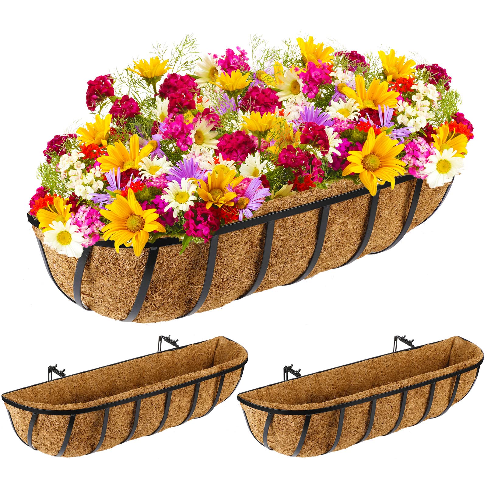 Tessco 3 Pieces Window Baskets with Coconut Liner 24 Inch Window Deck Planters Boxes Railing Planter Metal Black Hanging Flower Planter Window Basket for Indoor Outdoor Lawn