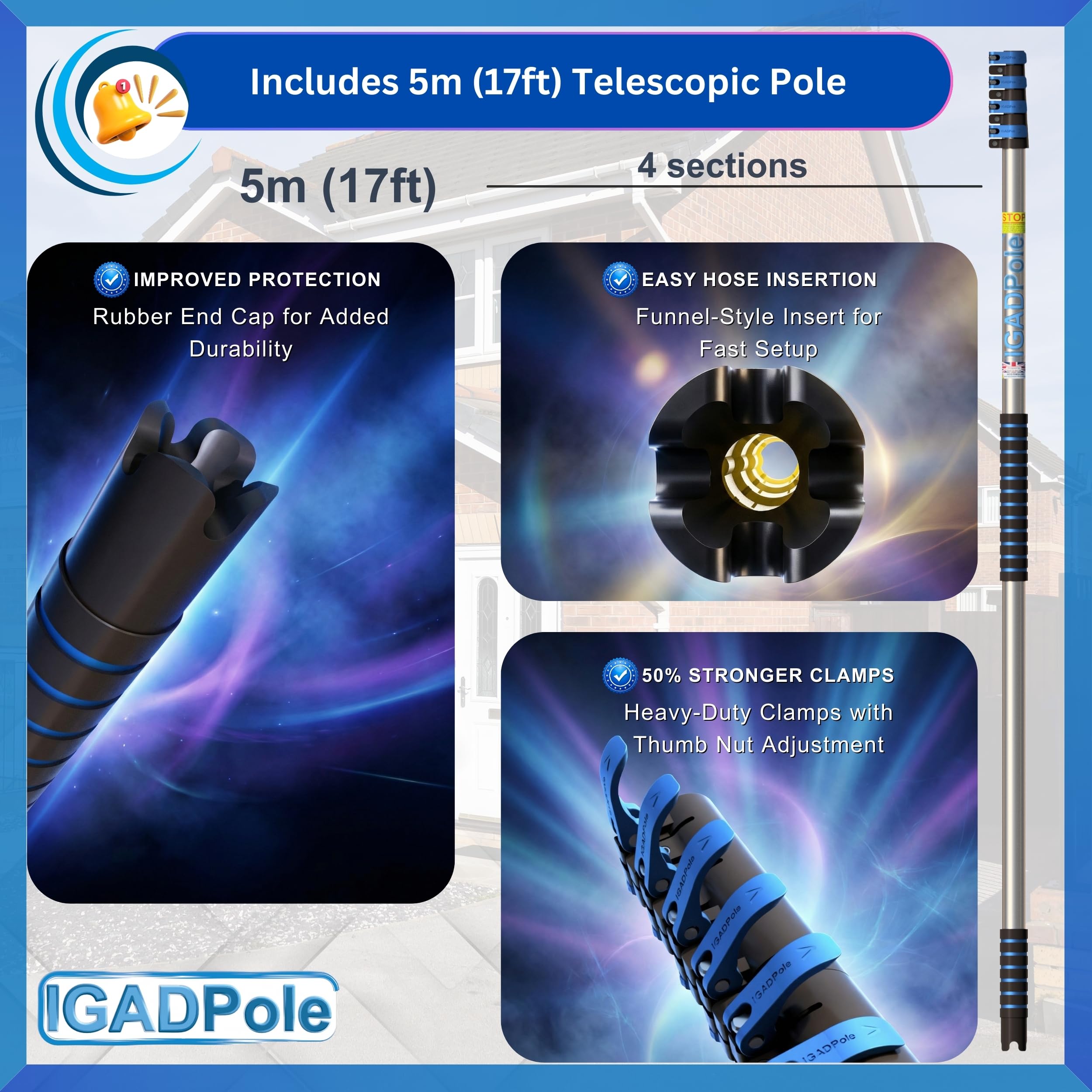 IGAD Kit Pulizia Finestre con Asta Telescopica 5m, Spazzola Alimentata ad Acqua 25cm, Dispenser Sapone, Rubinetto e Accessori