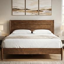 Apollo King Size Wood Bed Frame, Premium Solid Rubberwood Platform Bed with Headboard, Natural Finish Wood Slat Support, No Box Spring Needed, Mid-Century Modern Style