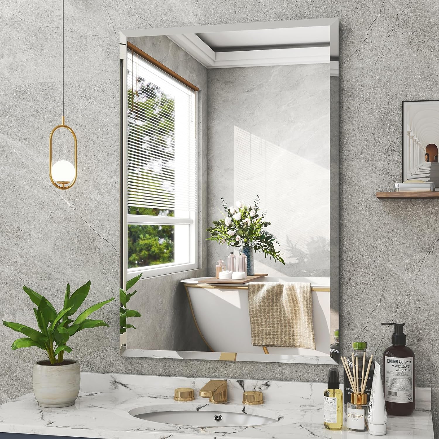 24" x 36" Frameless Bathroom Mirror, Rectangle Wall Mounted Mirror with Polished Edge, Bathroom Mirror for Over Sink, Frameless Mirrors for Bedroom, Bathroom, Entryway, Living Room Rectangular 24"L x 36"W