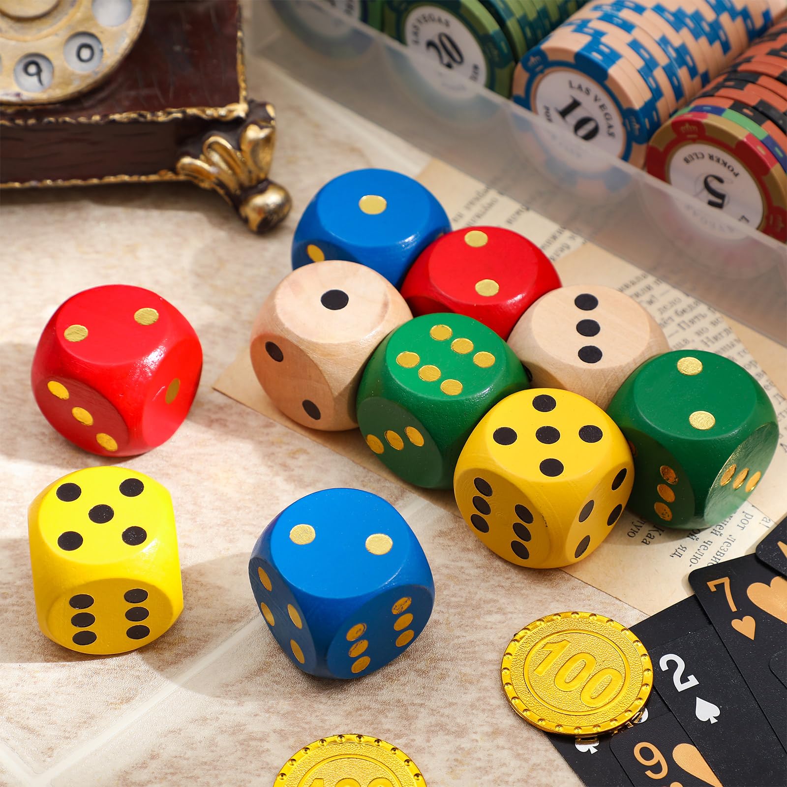 Poen Juego de 10 dados de madera de 30 mm, D6, grandes, gigantes, de 6 caras, a granel con números del 1 al 6, dados redondos para juegos de mesa, recuerdos de fiesta (multicolor)