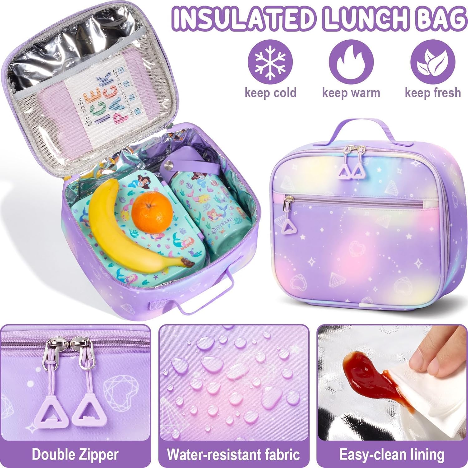 Fimibuke Kids Backpack for School Girls, 3Pcs Waterproof Girls Backpack with Lunch Box & Pencil Pouch - Lightweight Blue Bookbag for Ages 6+ Elementary Middle School Teens - Image 5