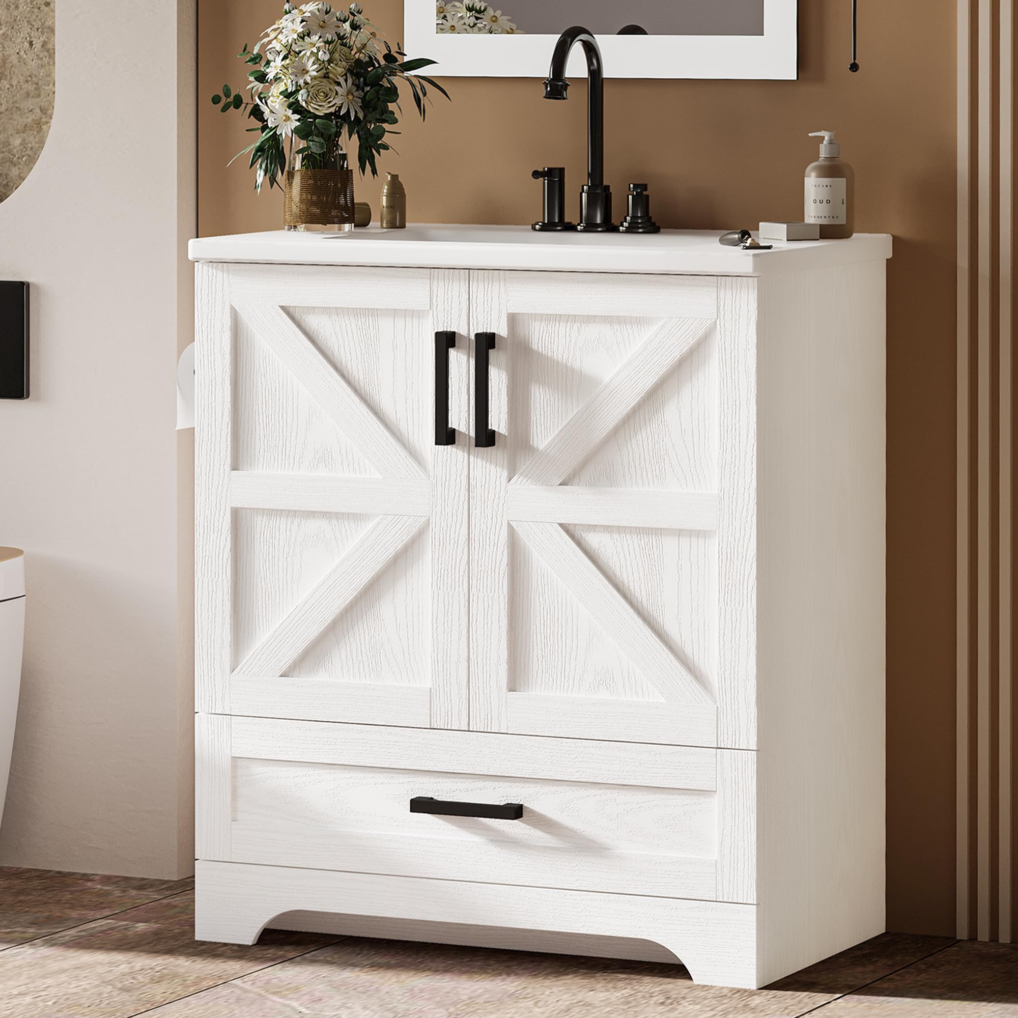 IRONCK Bathroom Vanity, 24" Bathroom Vanity with Sink, Farmhouse Wood Fixture Stand Pedestal Bathroom Cabinet with Drawer, Easy Assembly