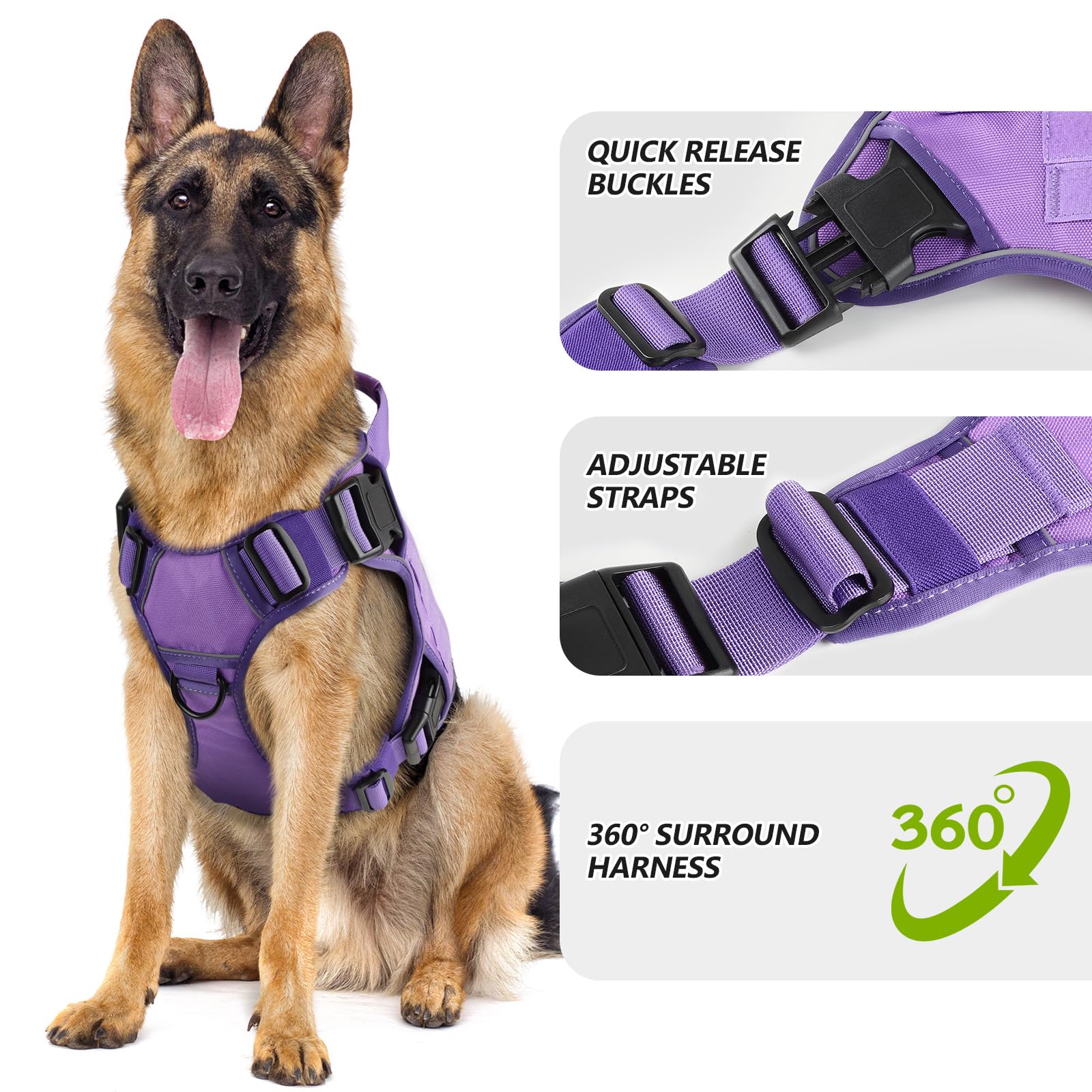 WINGOIN Arnés táctico morado para perros pequeños, sin tirones, ajustable, reflectante, K9, arnés militar para perros con asa para caminar, senderismo, entrenamiento (S)