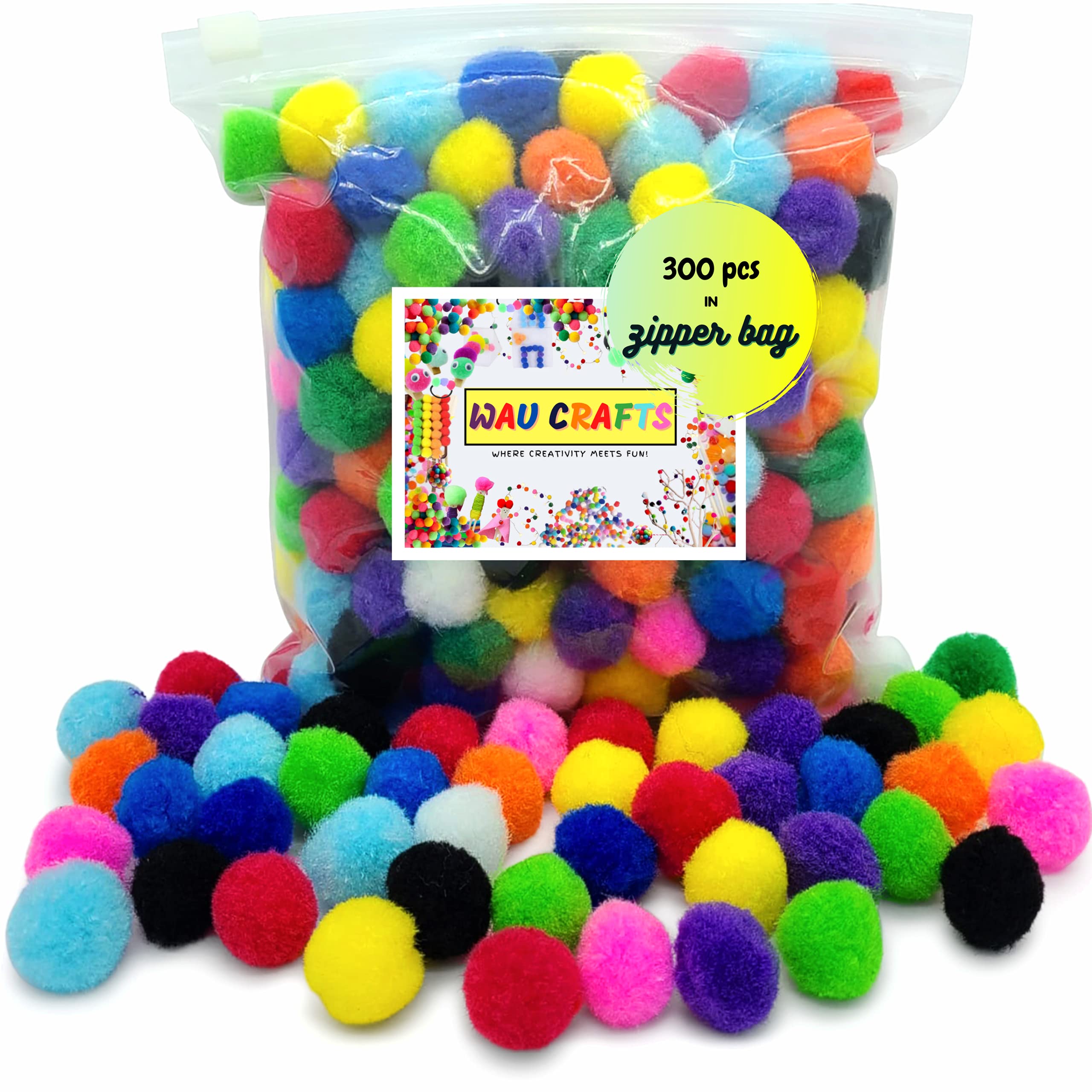 WAU Craft Pom Poms Balls - [400 pcs] 1 inch 300 Multicolored Pompoms with 100 Googly Eyes for Arts and DIY Projects